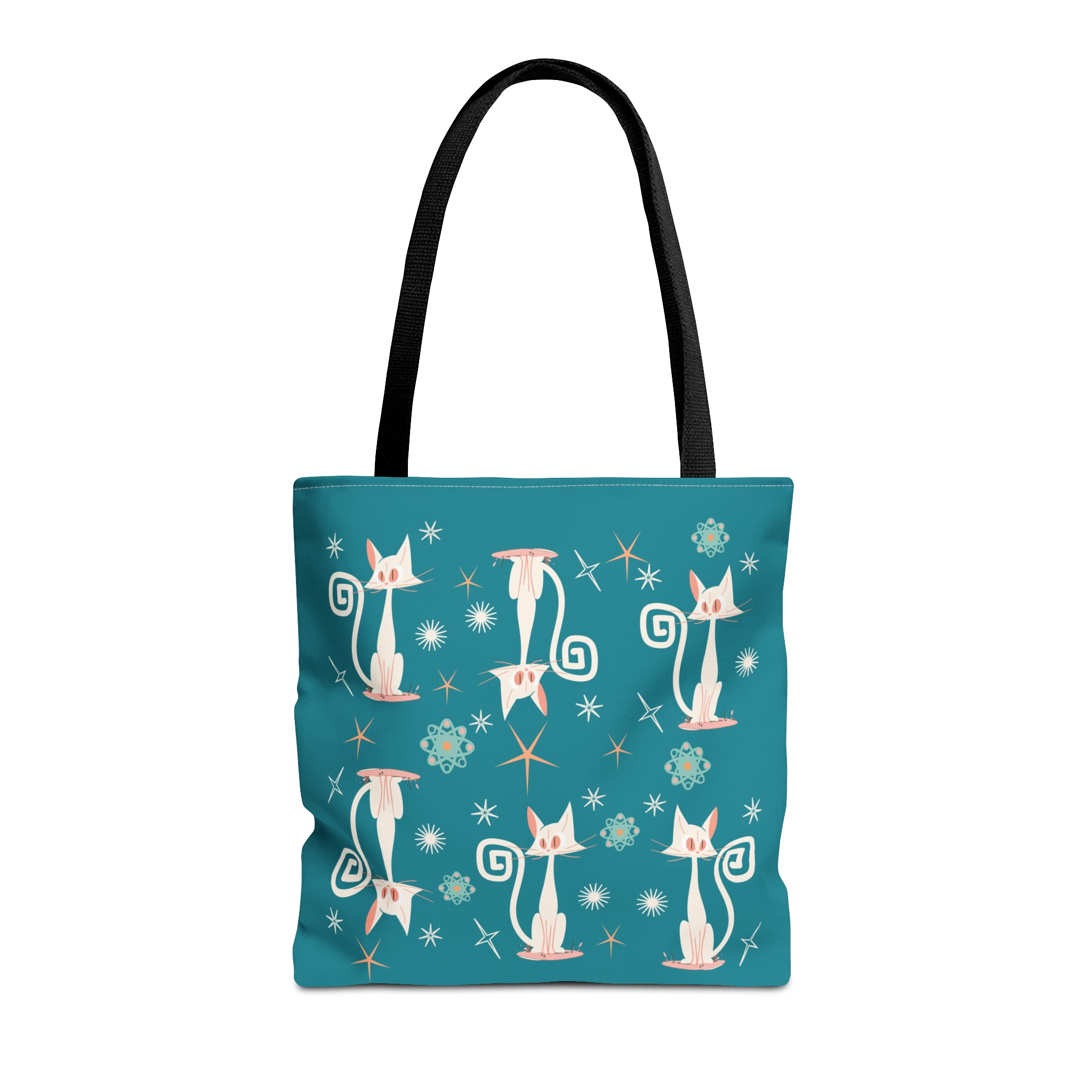 Atomic Kitties, White Kitschy Cats, Coral, Teal, Atomic Age Mid Century Modern Tote Bag - Mid Century Modern Gal