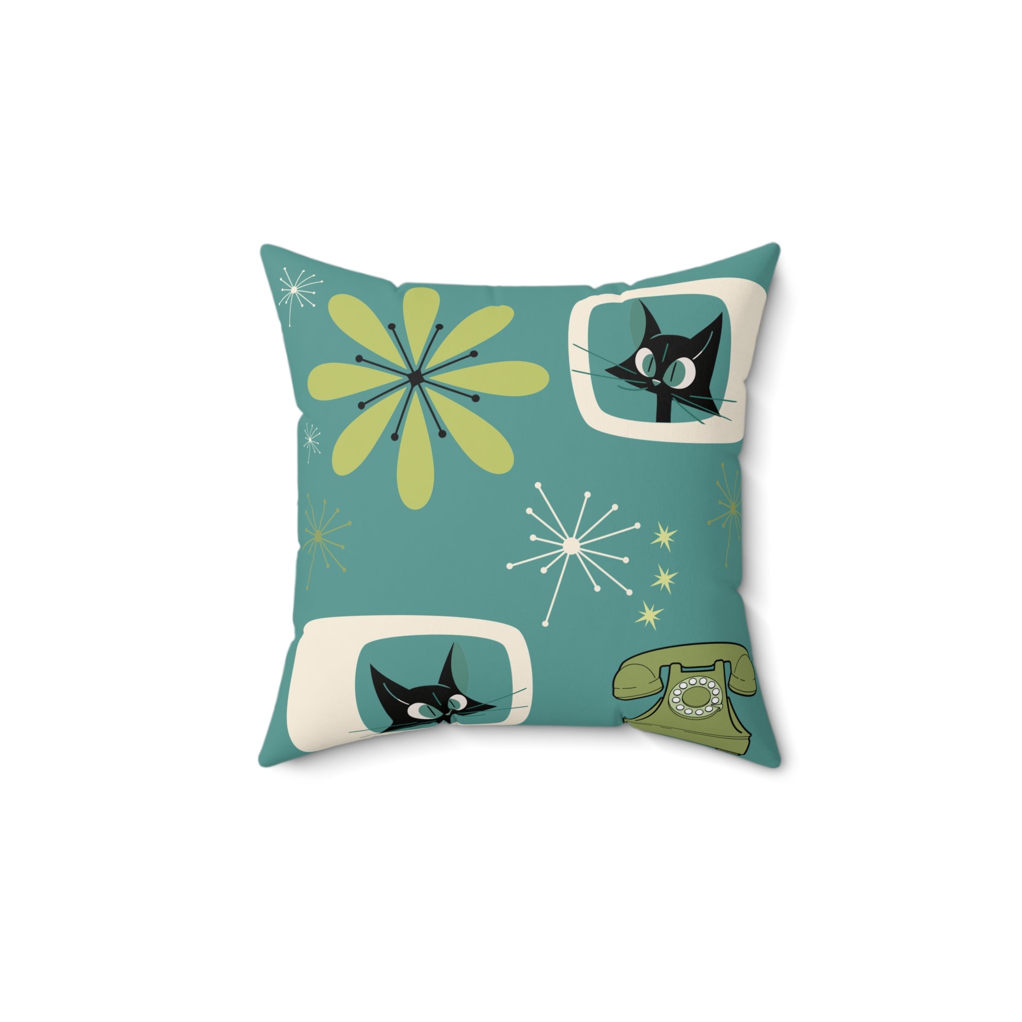 Atomic Space Cat, Teal Mid Century Modern Kitschy Mod Decorative Pillow - Mid Century Modern Gal