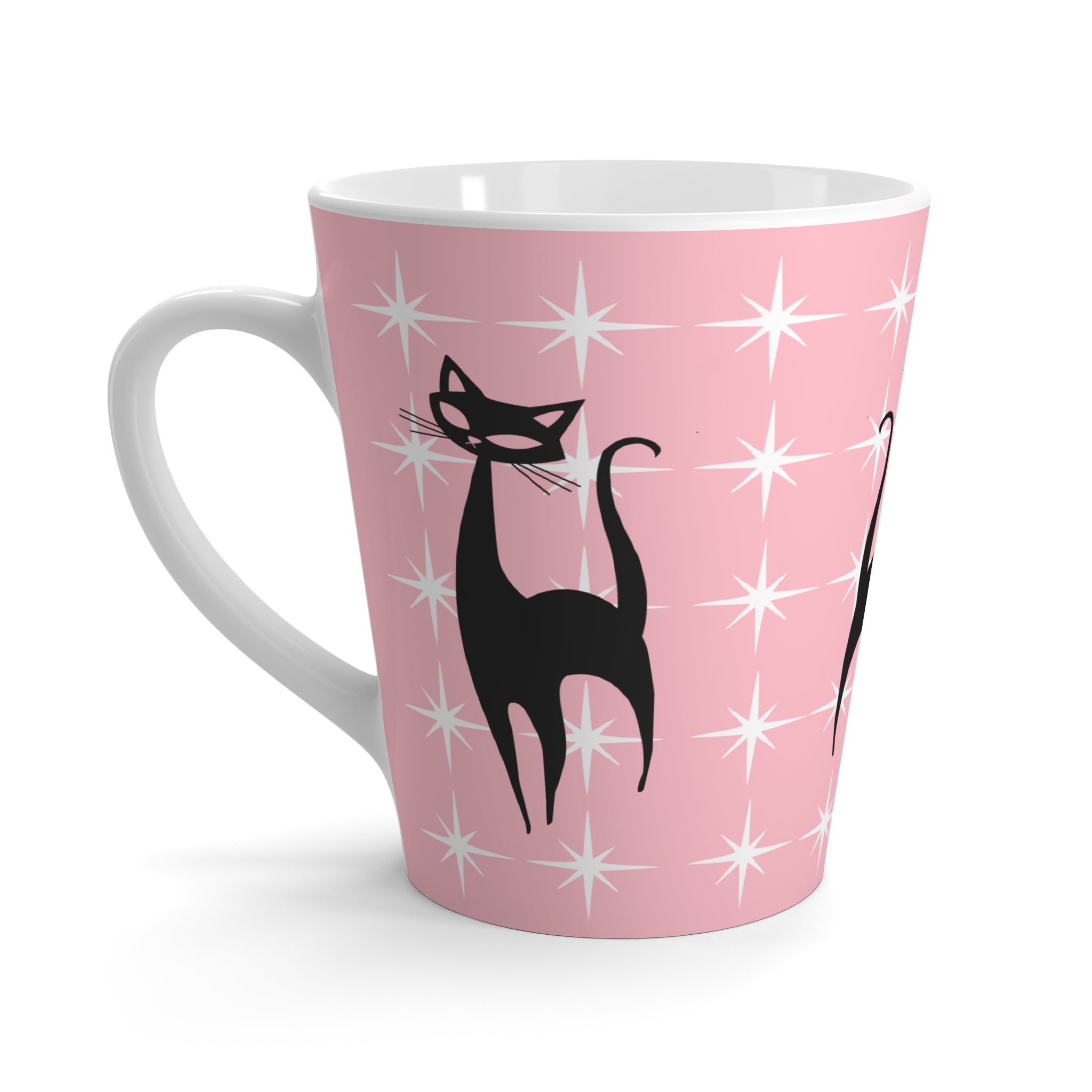 Pink Atomic Stabrust Kitschy Cat Chic Cat Latte Mug - Pink Starry Design for Cat Lovers - Mid Century Modern Gal