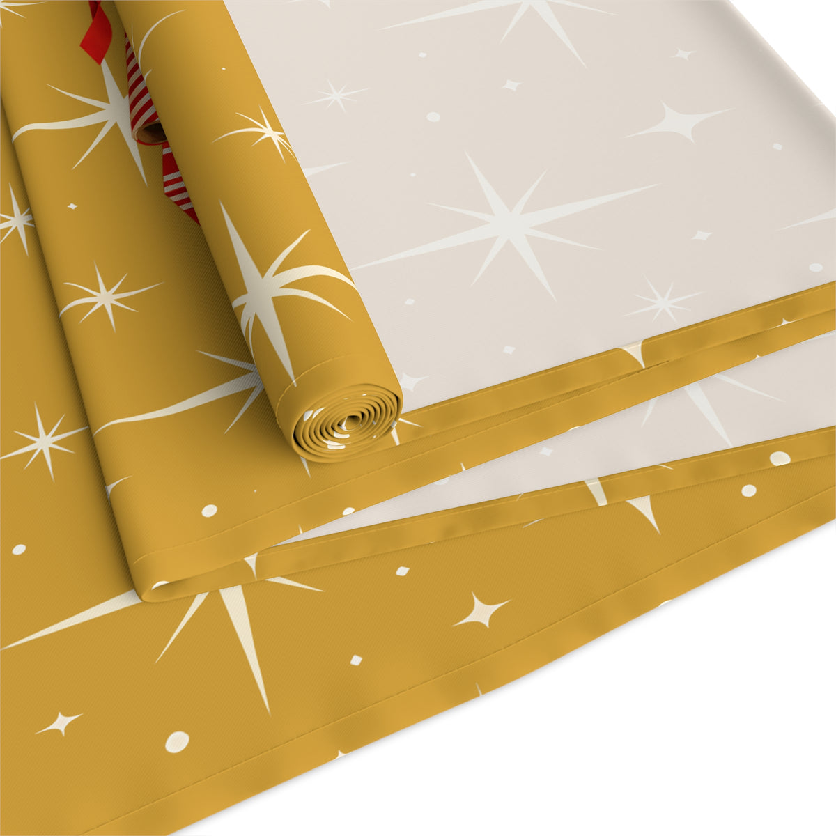 Mid Century Modern Christmas Glamour Gal Wrapping Presents by Tree, Gold Atomic Starbursts Table Runner