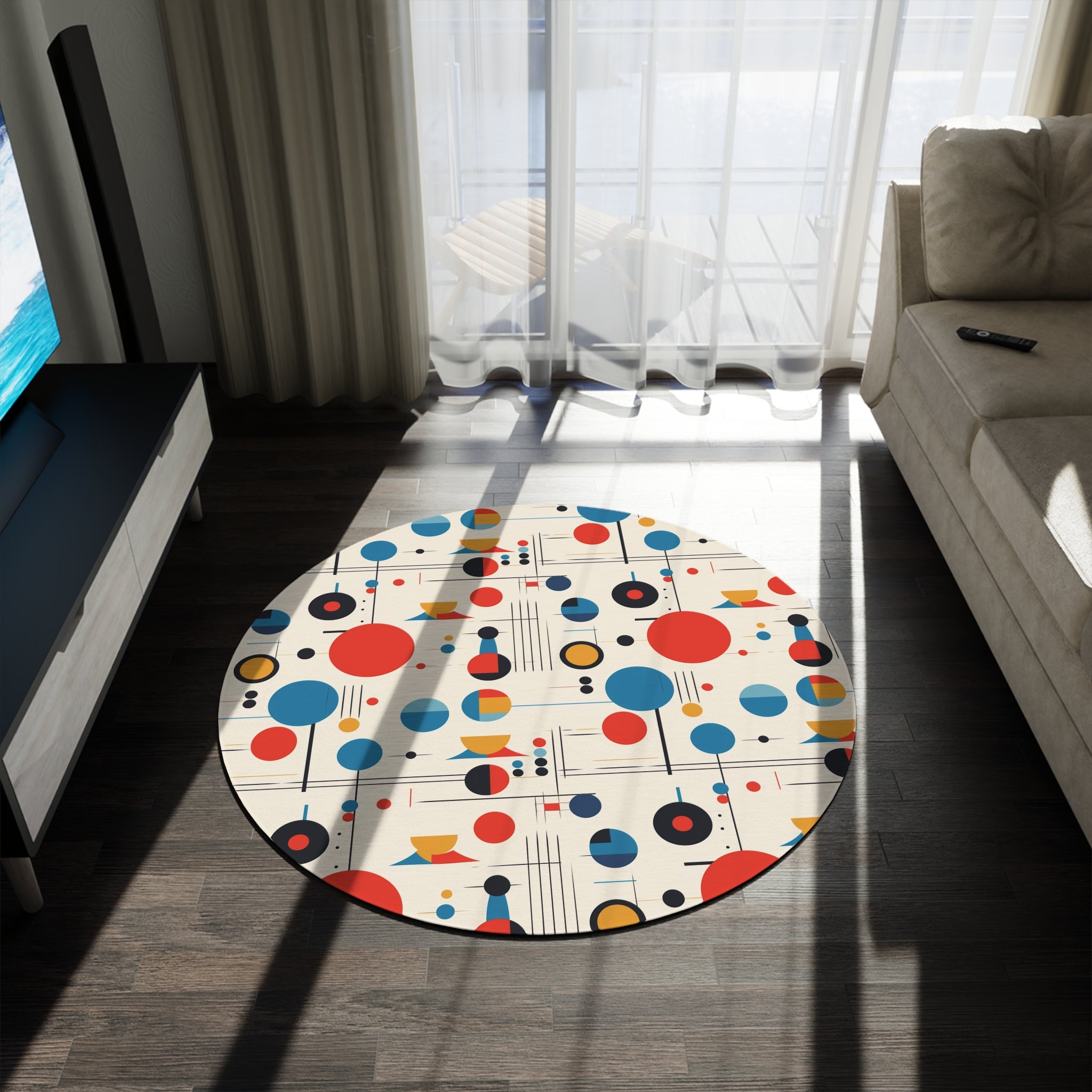 Bauhaus Geometric Linear Lines, Circles, Mid Mod Round Rug - Mid Century Modern Gal