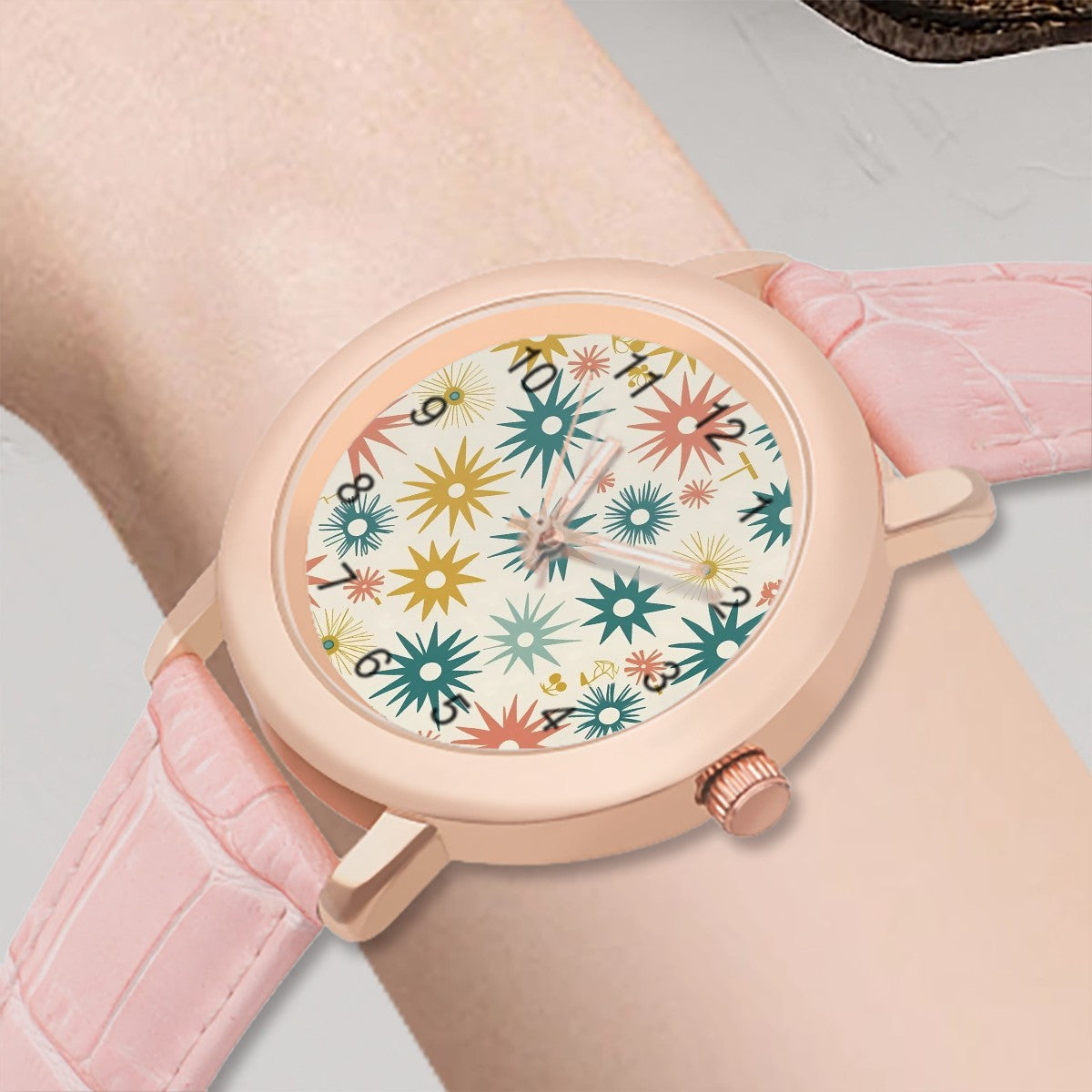 Atomic Starbursts Mid Mod Pink Women's Leather Watch - Mid Century Modern Gal