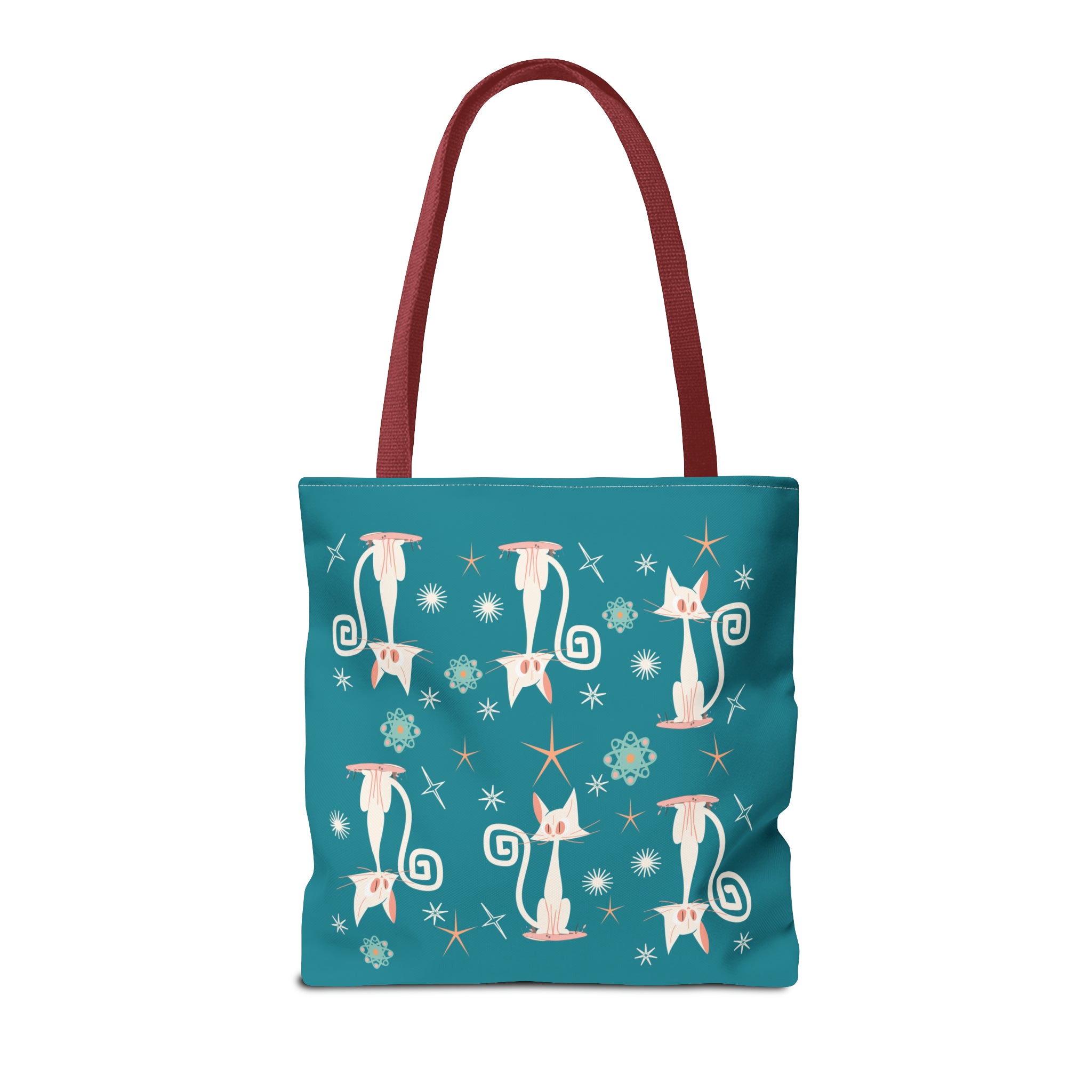 Atomic Kitties, White Kitschy Cats, Coral, Teal, Atomic Age Mid Century Modern Tote Bag - Mid Century Modern Gal