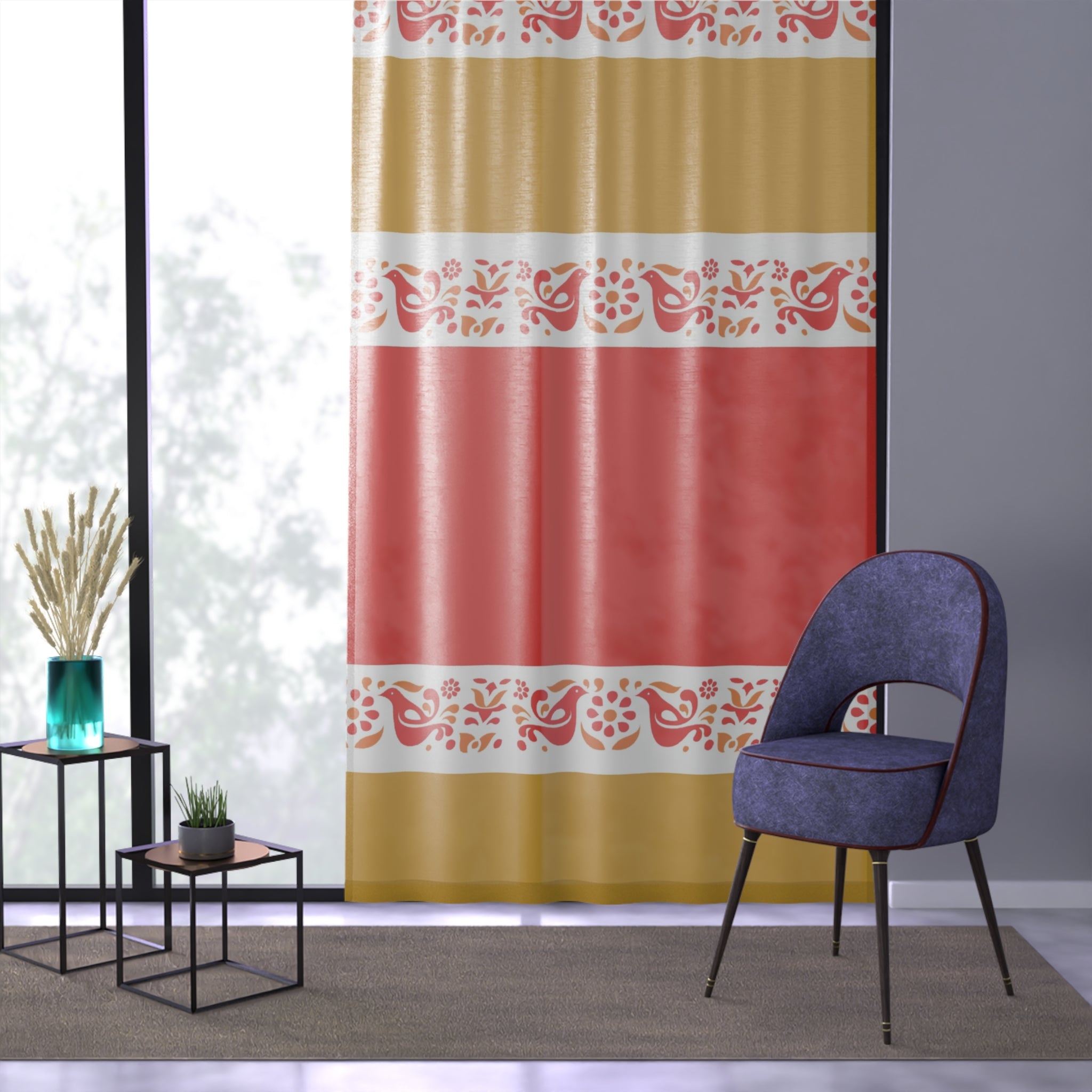 Pyrex Friendship Red, Golden Yellow Boho Floral Window Curtain - Vibrant Red and Gold Design for Cozy Living Spaces - Mid Century Modern Gal