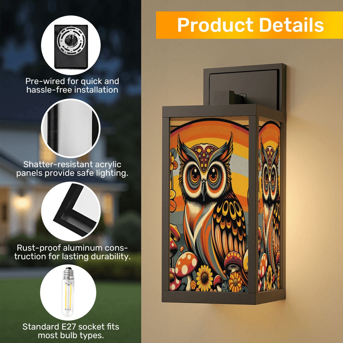 Retro 70s Groovy Owl Mushroom Floral Mid Mod Patio Entry Wall Light - Mid Century Modern Gal