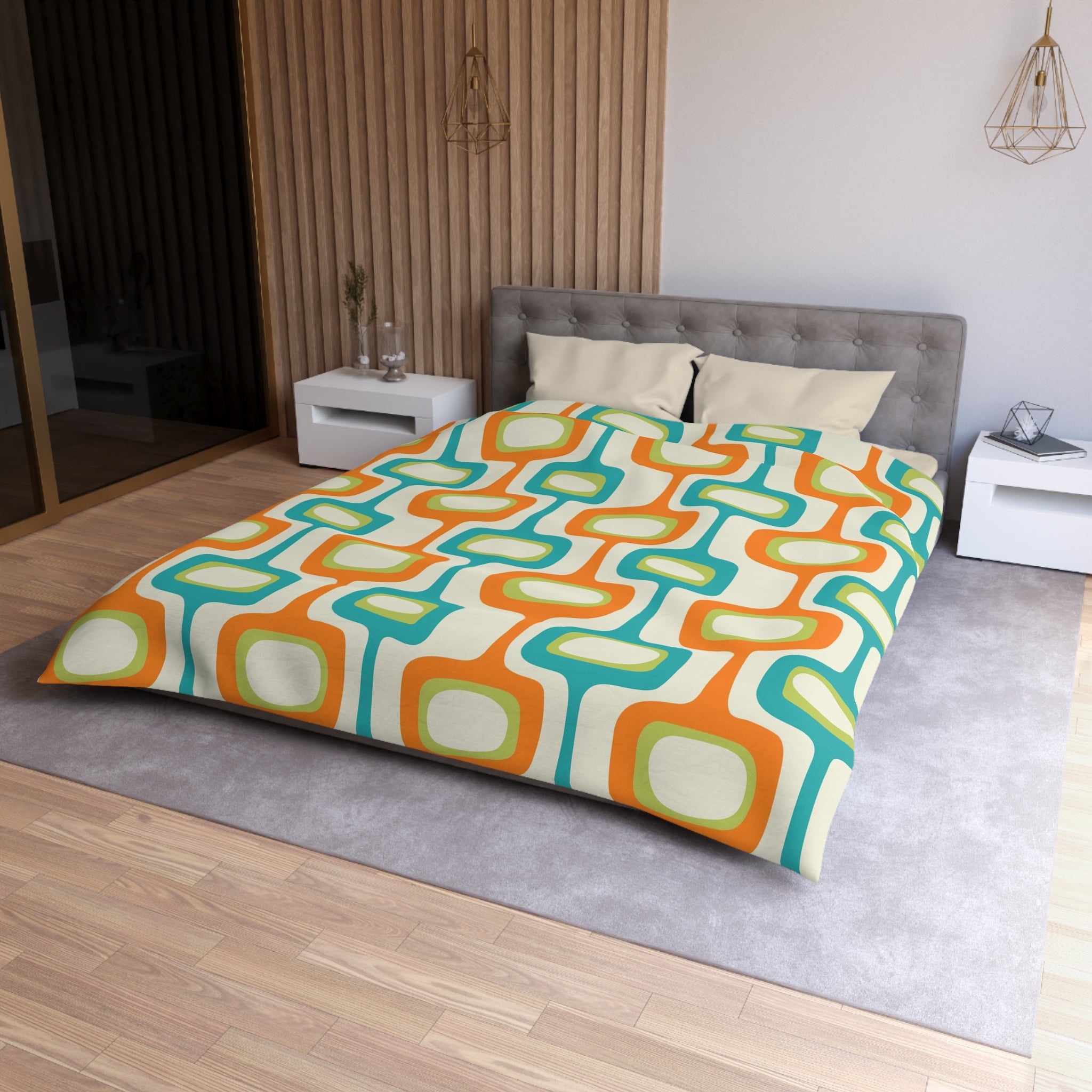 Mid Mod, MCM Teal, Orange, Cream Retro Groovy, Funky Fun Mid Century Modern Duvet Cover - Mid Century Modern Gal