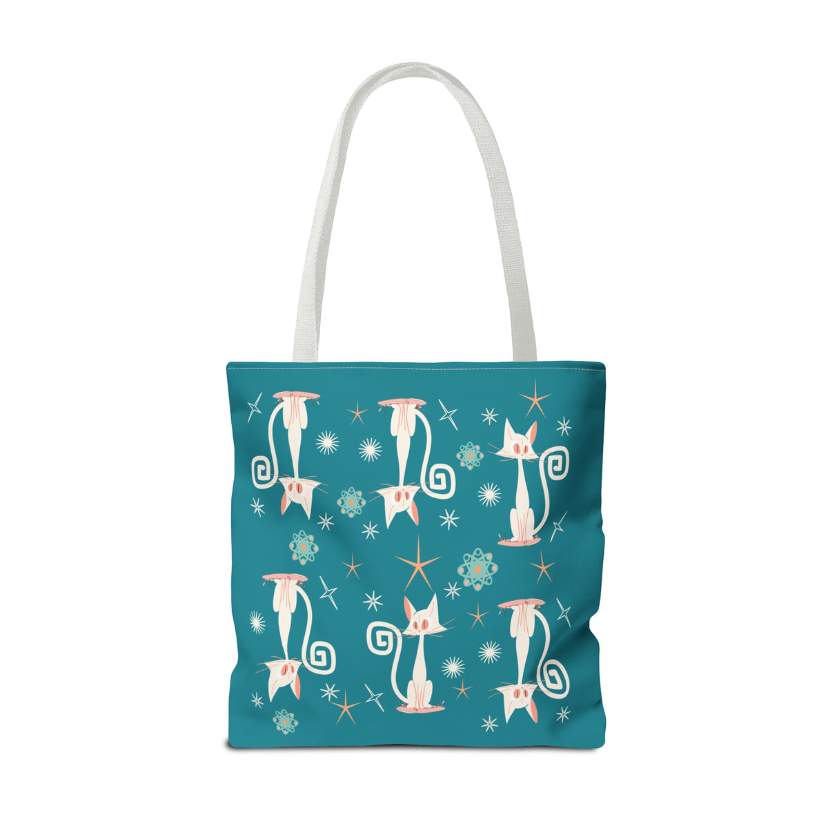 Atomic Kitties tote bag featuring kitschy white cats on a teal background with coral accents, perfect for mid-century modern enthusiasts.