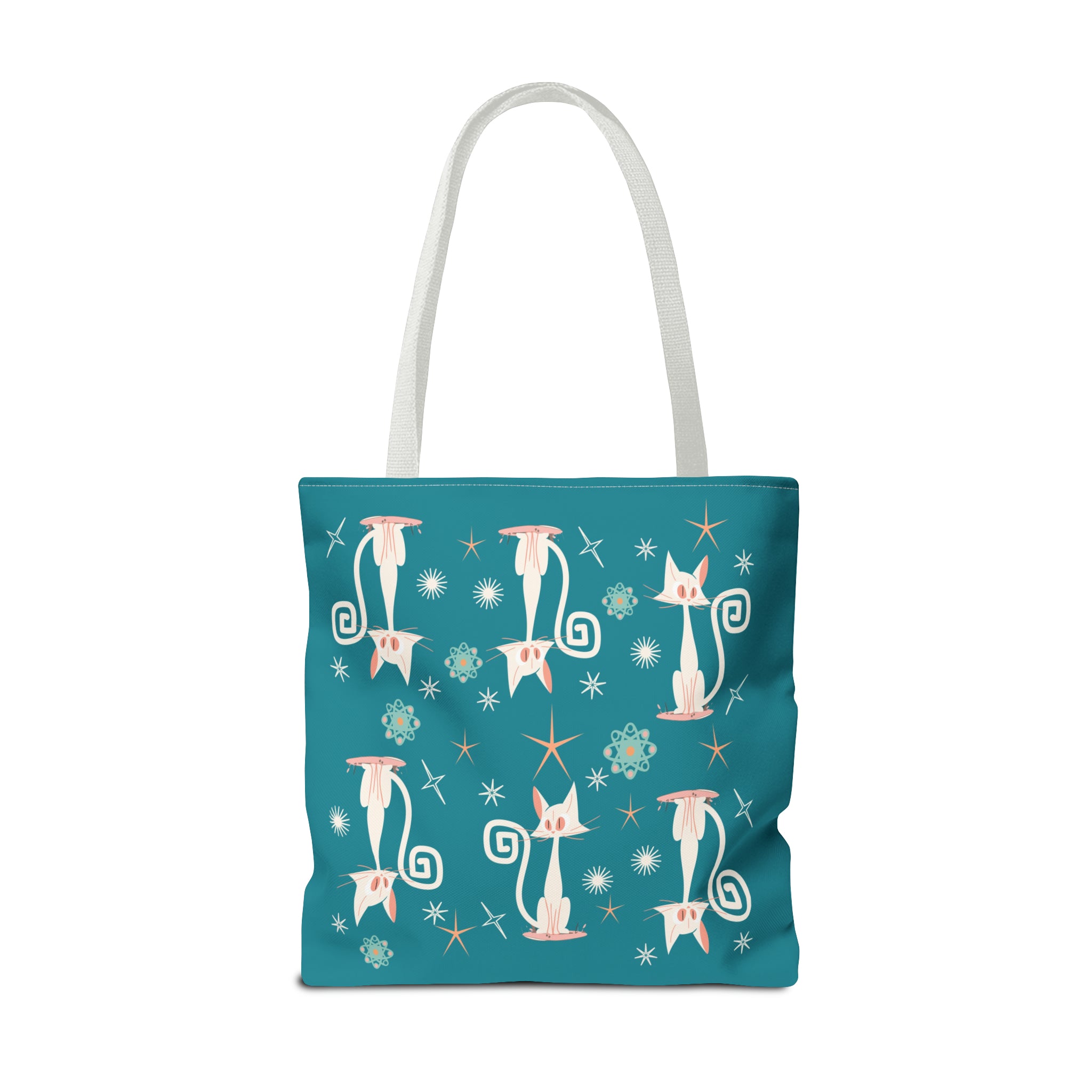 Atomic Kitties, White Kitschy Cats, Coral, Teal, Atomic Age Mid Century Modern Tote Bag