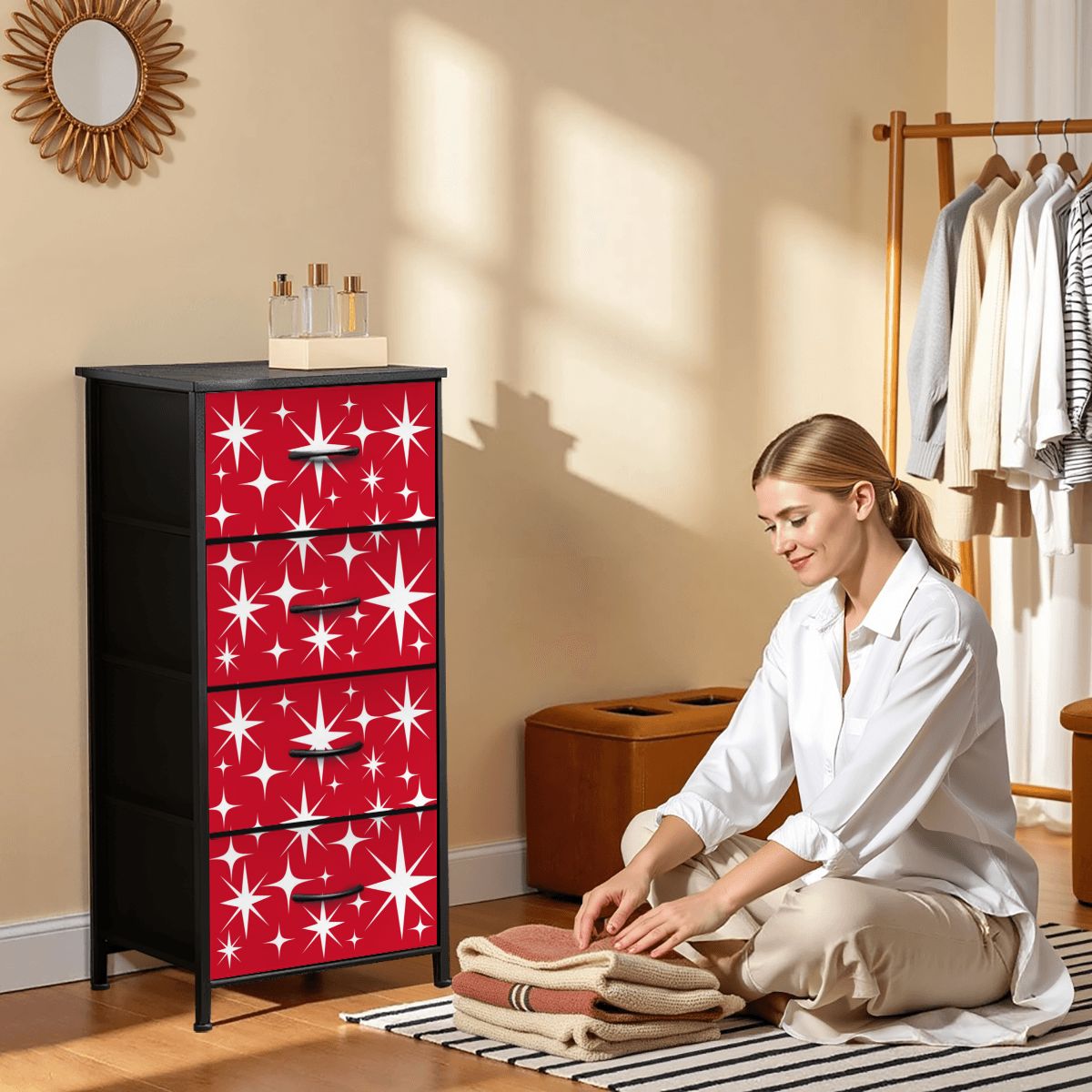 Atomic Starburst Red White Mid Century Modern 4-Drawer Dresser - Mid Century Modern Gal