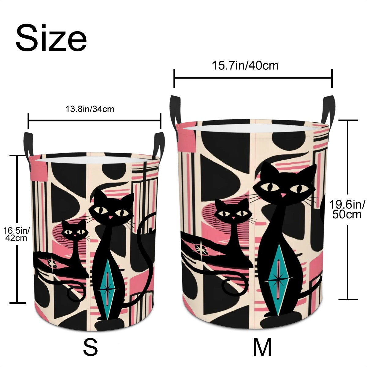 Atomic Cats Kitschy Mod Storage Solution, Organization MCM, Black, Pink, Circular Laundry Basket - Mid Century Modern Gal