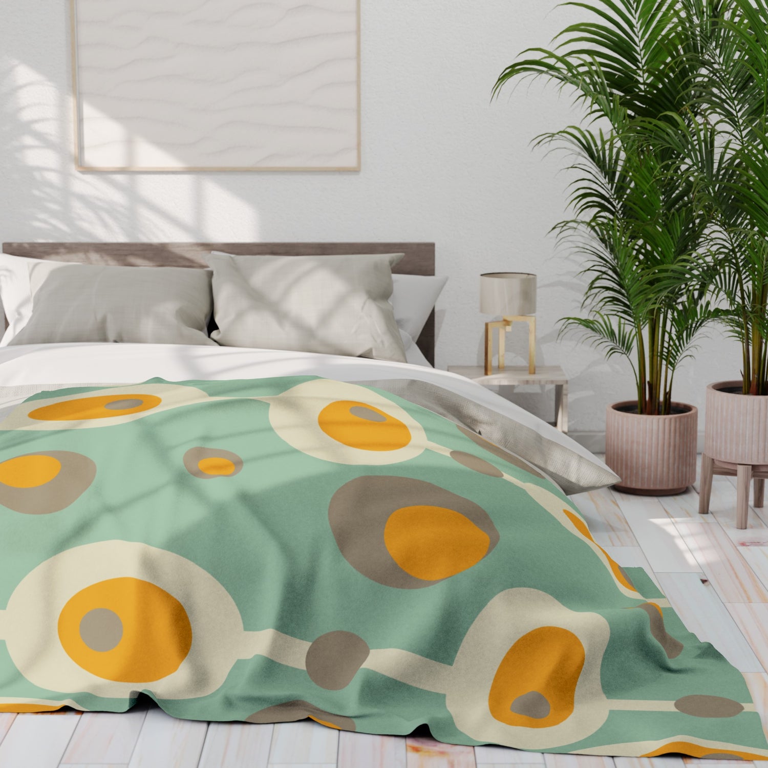 Mid Century Modern Mint Green, Mustard Yellow Mod Orb MCM Lightweight Fleece Blanket - Mid Century Modern Gal