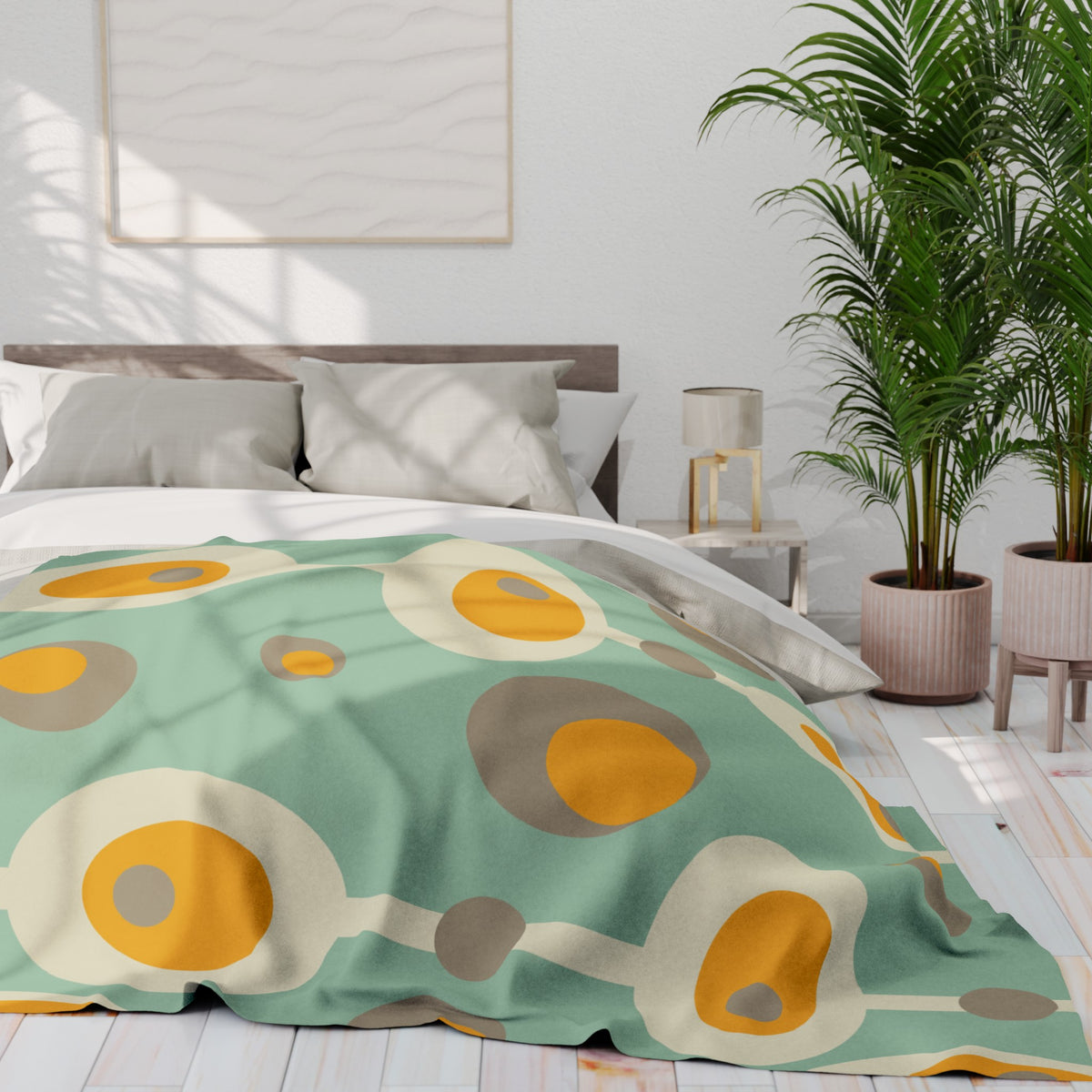 Mid Century Modern Mint Green, Mustard Yellow Mod Orb MCM Lightweight Fleece Blanket - Mid Century Modern Gal