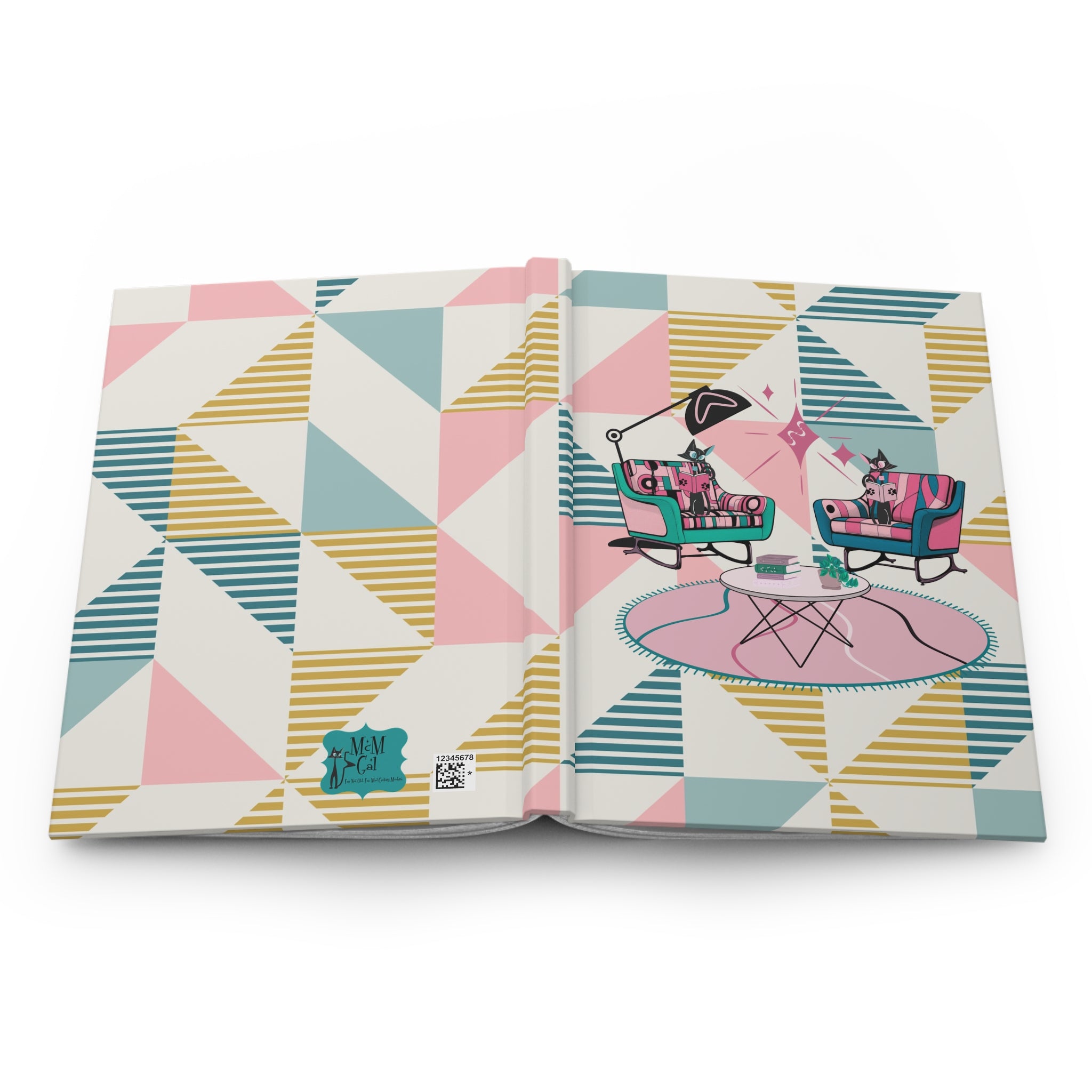 Reading Cats, Kitschy Mid Mod Geometric Patterned Hardcover Journal for Creative Thinking - Mid Century Modern Gal