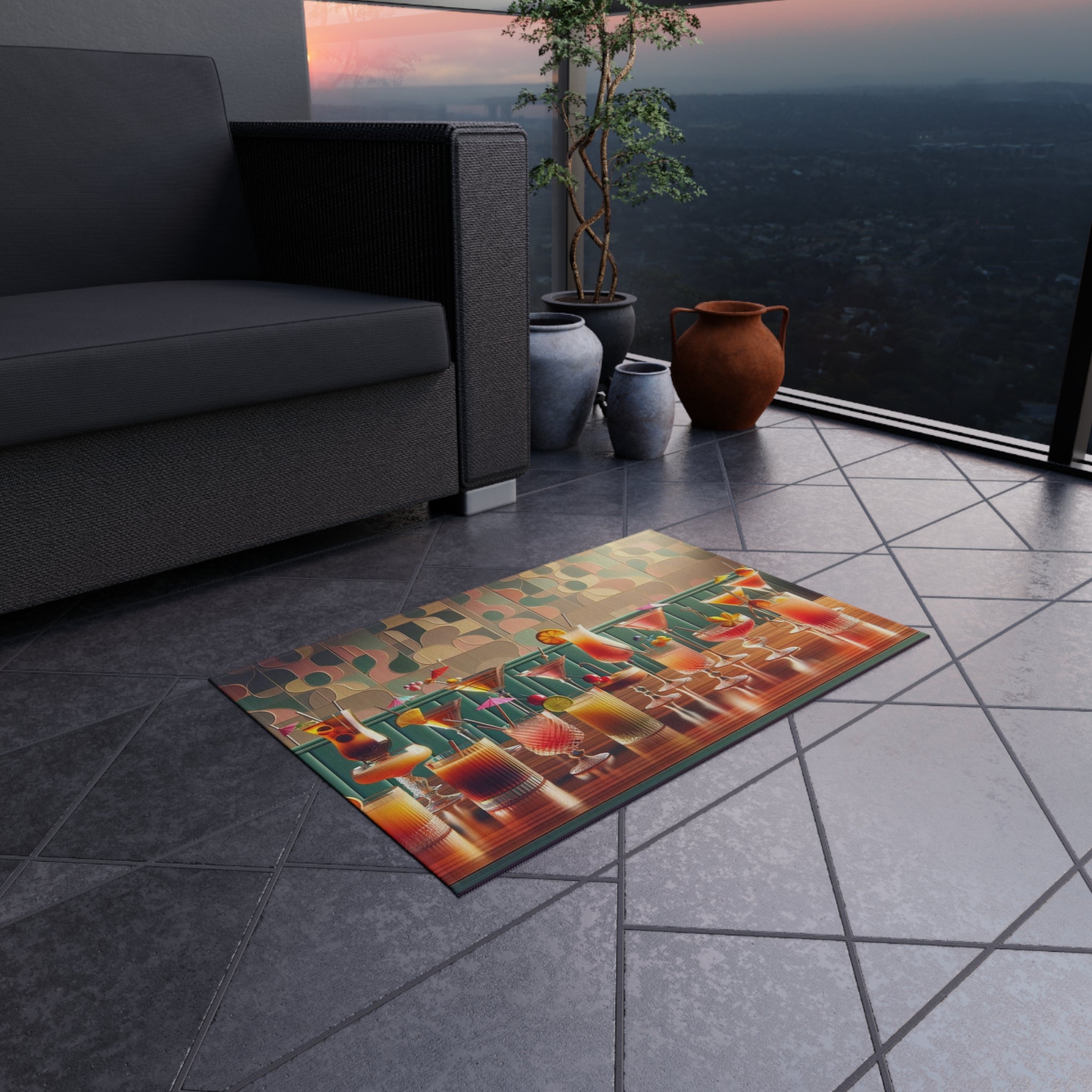 Mid Century Modern Cocktail Rug, Palm Spring Cali Patio Kitschy 50s Style Indoor, Outdoor Rug - Mid Century Modern Gal