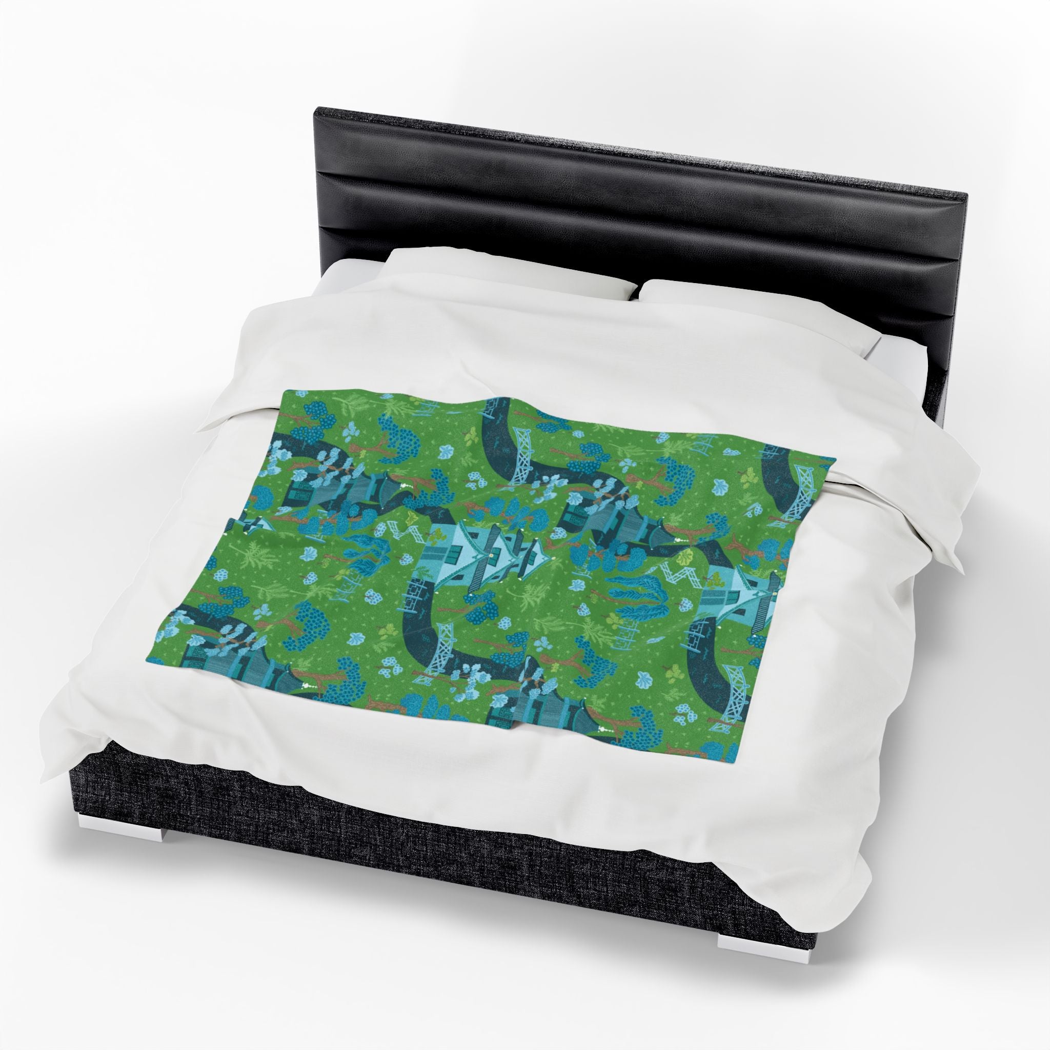 Chinoiserie Throw Blanket, Green, Blue Serene Garden Velveteen Plush Blanket - Cozy Floral Design - Mid Century Modern Gal