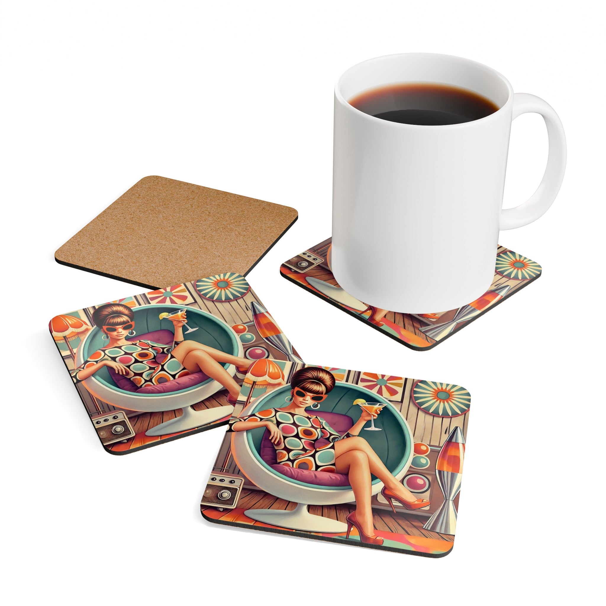 Mid Century Mod 60s Style Retro Gal MCM Barware Corkwood Coaster Set - Mid Century Modern Gal