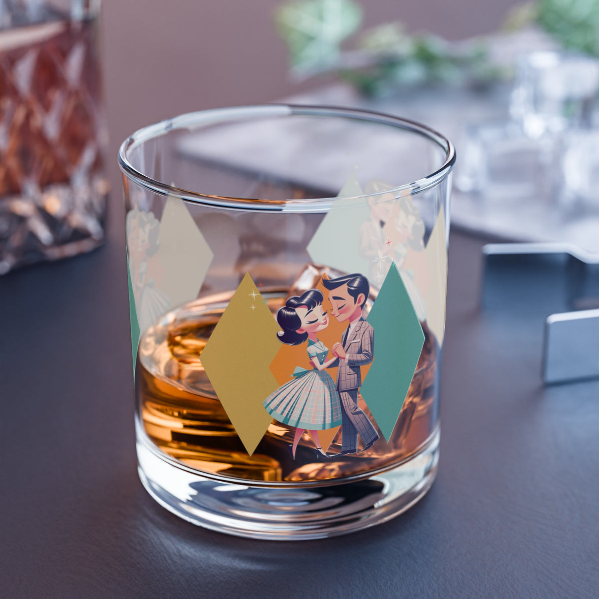 50s Mod Couple Bourbon Lover, Kitschy Cocktail Rocks Glass, 10oz - Mid Century Modern Gal