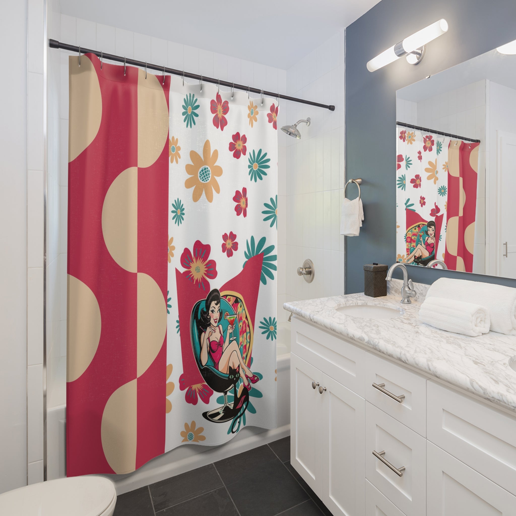 Mid Mod 60s Retro Gal Vintage Floral Shower Curtain | Retro Bathroom Decor | Boho Style - Mid Century Modern Gal