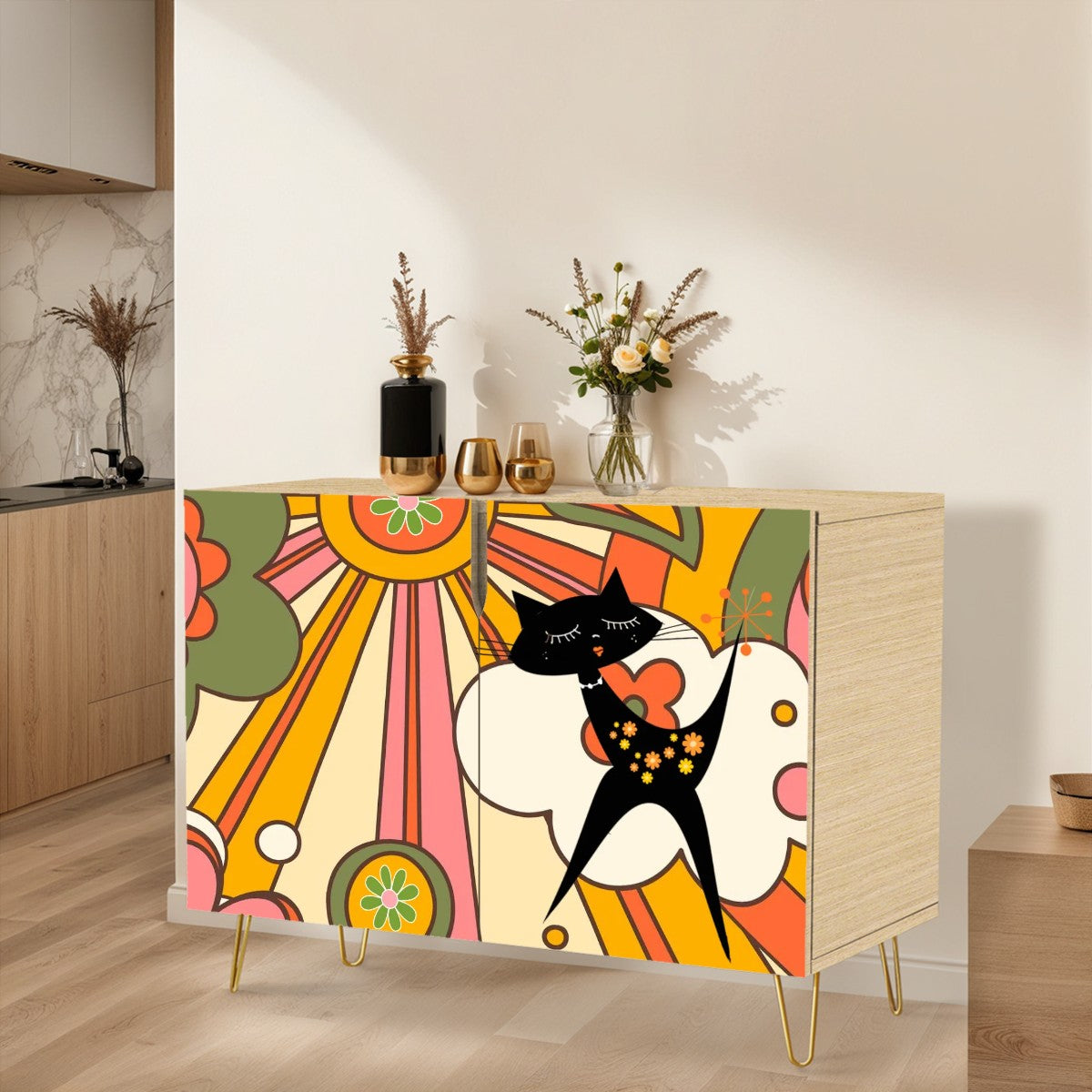 Retro 70s Groovy TV Cabinet, Sideboard Credenza With Groovy Cat Wooden Storage Cabinet - Mid Century Modern Gal