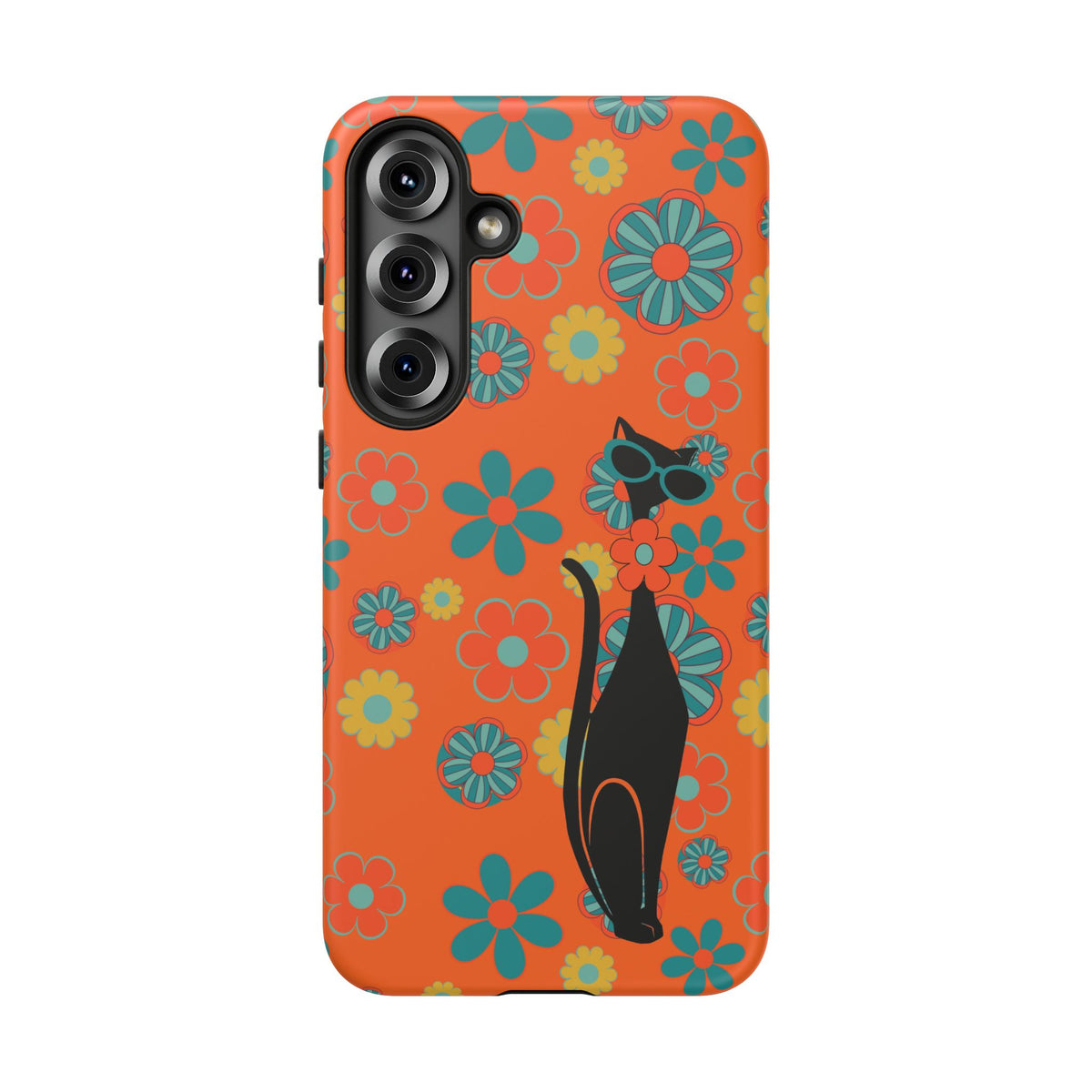 Flower Power, Retro Groovy Atomic Cat, Hipster Style Orange Samsung Galaxy and Google Pixel Tough Cases