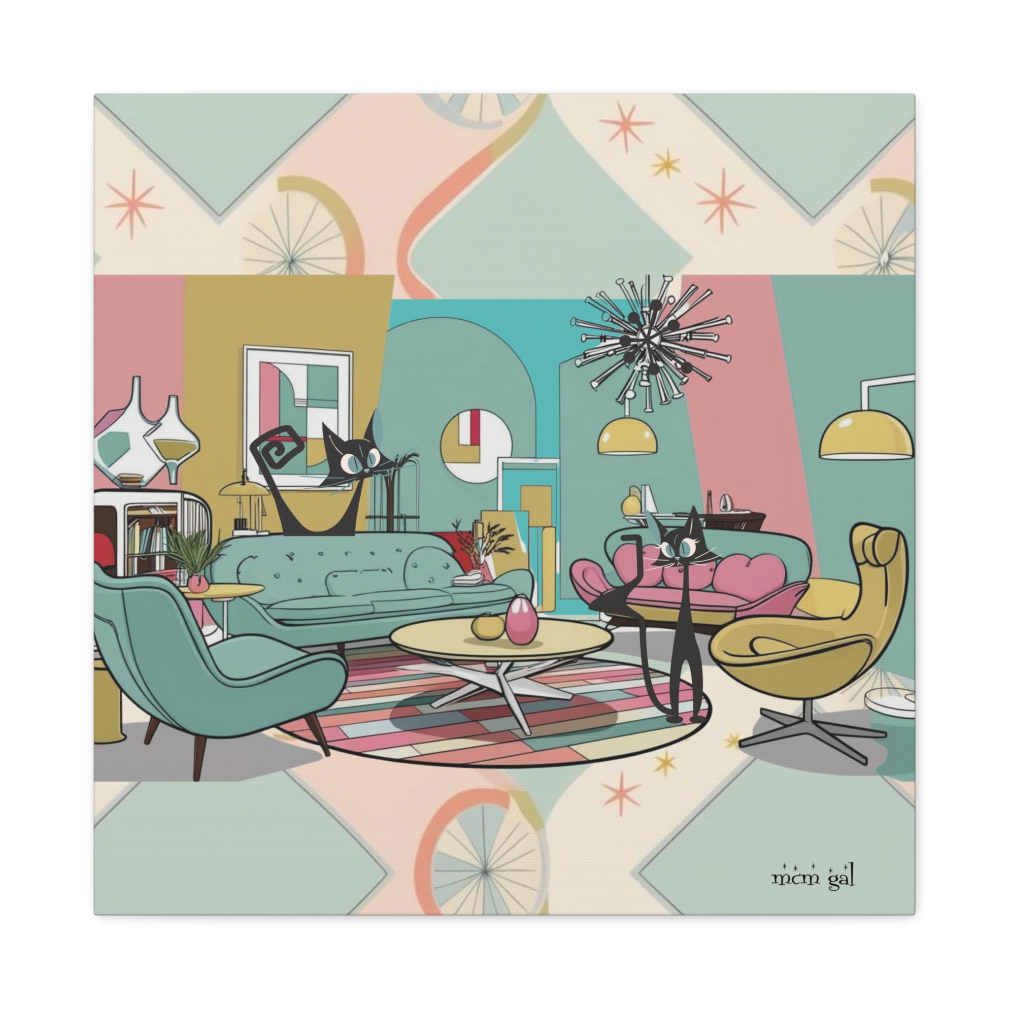Mid-Century Modern Atomic Cat Kitschy Mod Living Room, Aqua, Pink, Starburst Original Art By MCM GAL - Mid Century Modern Gal