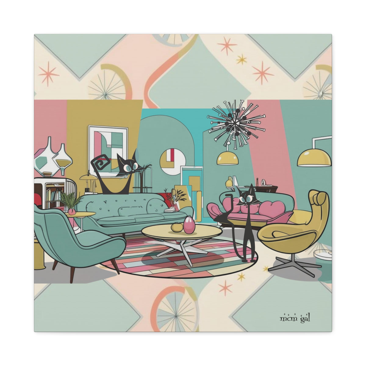 Mid-Century Modern Atomic Cat Kitschy Mod Living Room, Aqua, Pink, Starburst Original Art By MCM GAL - Mid Century Modern Gal