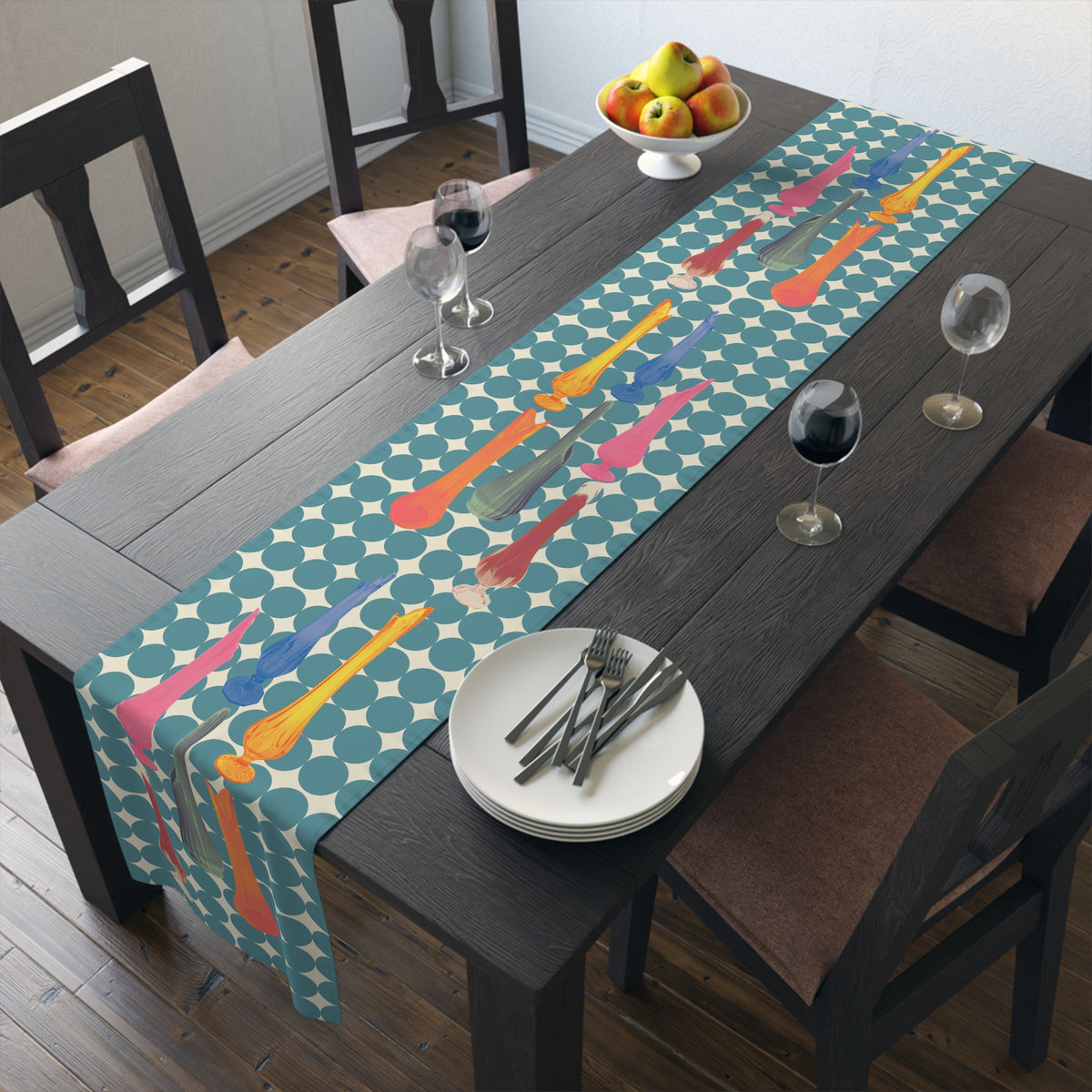 Mid Century Modern Swung Glass Retro Dots, Colorful Patterned Table Runner for Festive Dining - Mid Century Modern Gal