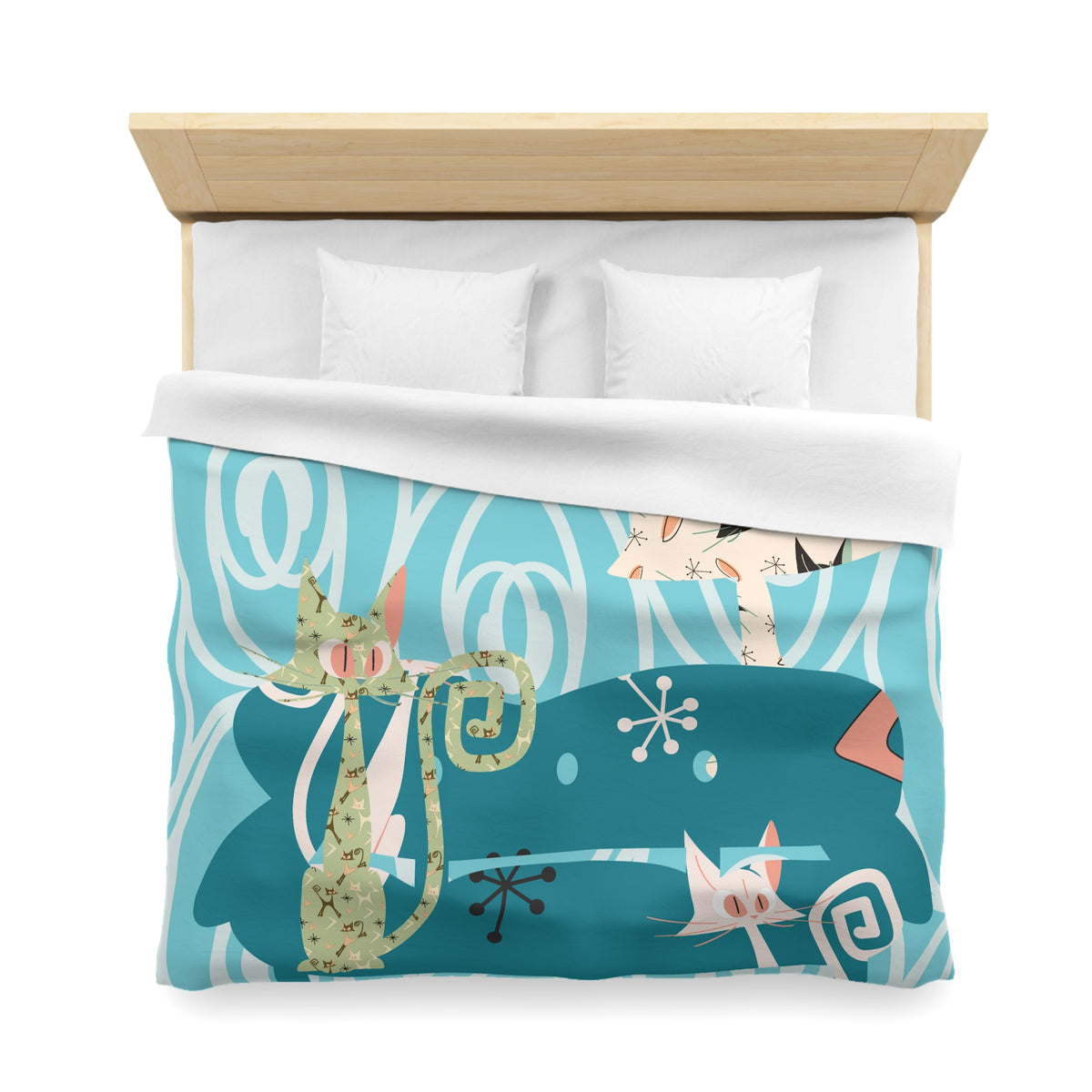 Atomic Cat Bedding, Mid Century Modern Style, Quirky, Whimsical Blue, Coral, Kitschy 50s Funky Fun MCM Duvet Cover - Mid Century Modern Gal