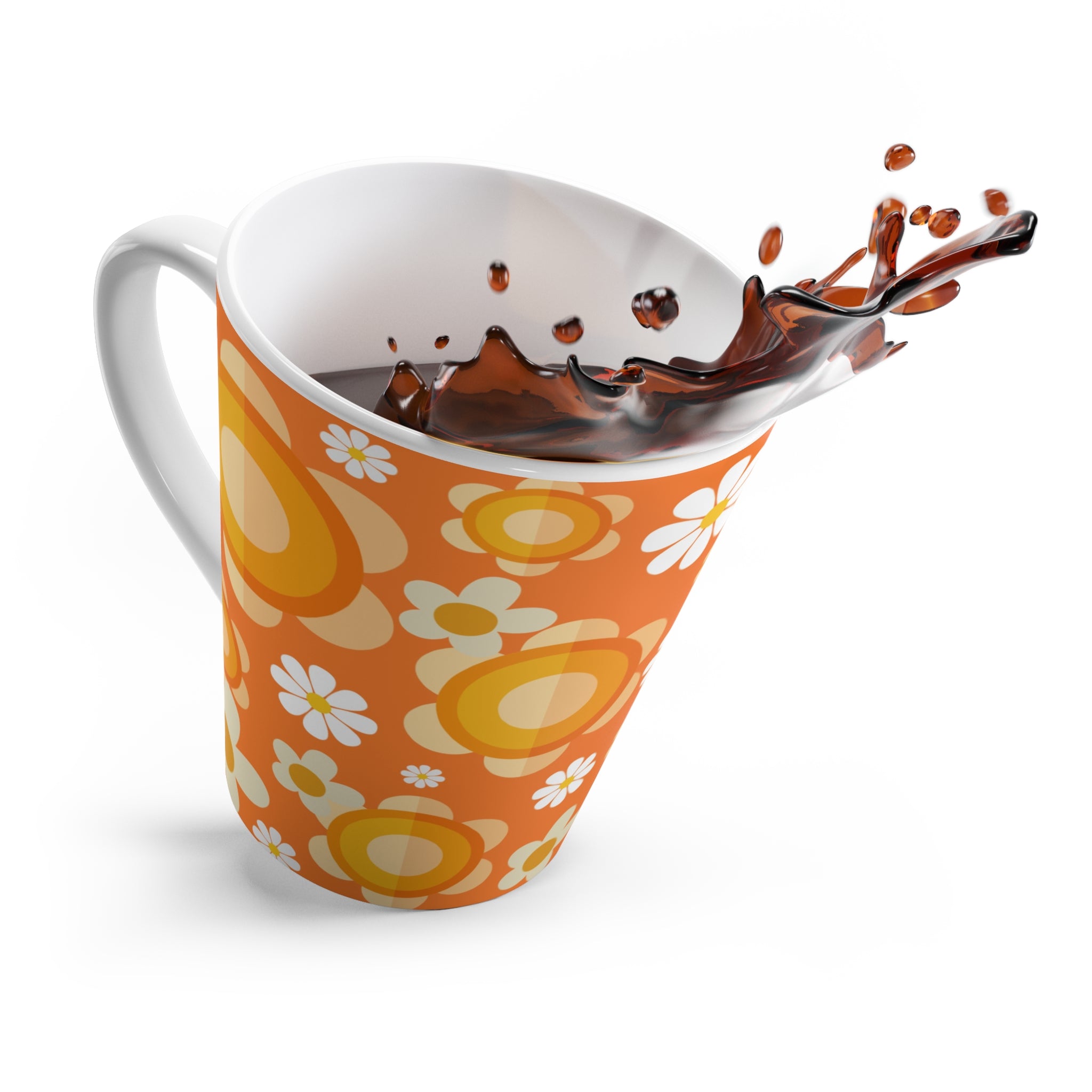 Retro Floral Latte Mug - Bright Orange Flower Design for Coffee Lovers - Mid Century Modern Gal