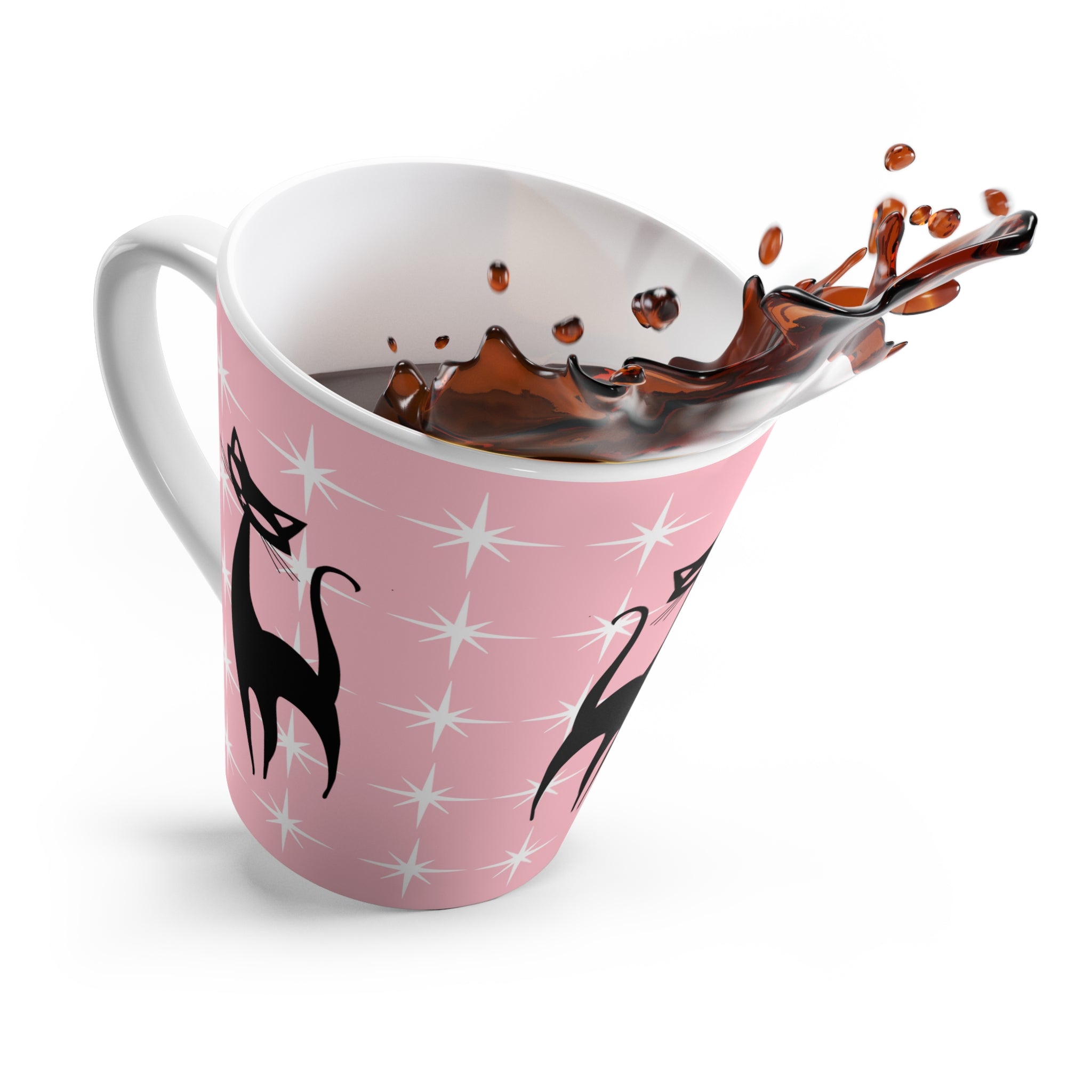 Pink Atomic Stabrust Kitschy Cat Chic Cat Latte Mug - Pink Starry Design for Cat Lovers - Mid Century Modern Gal
