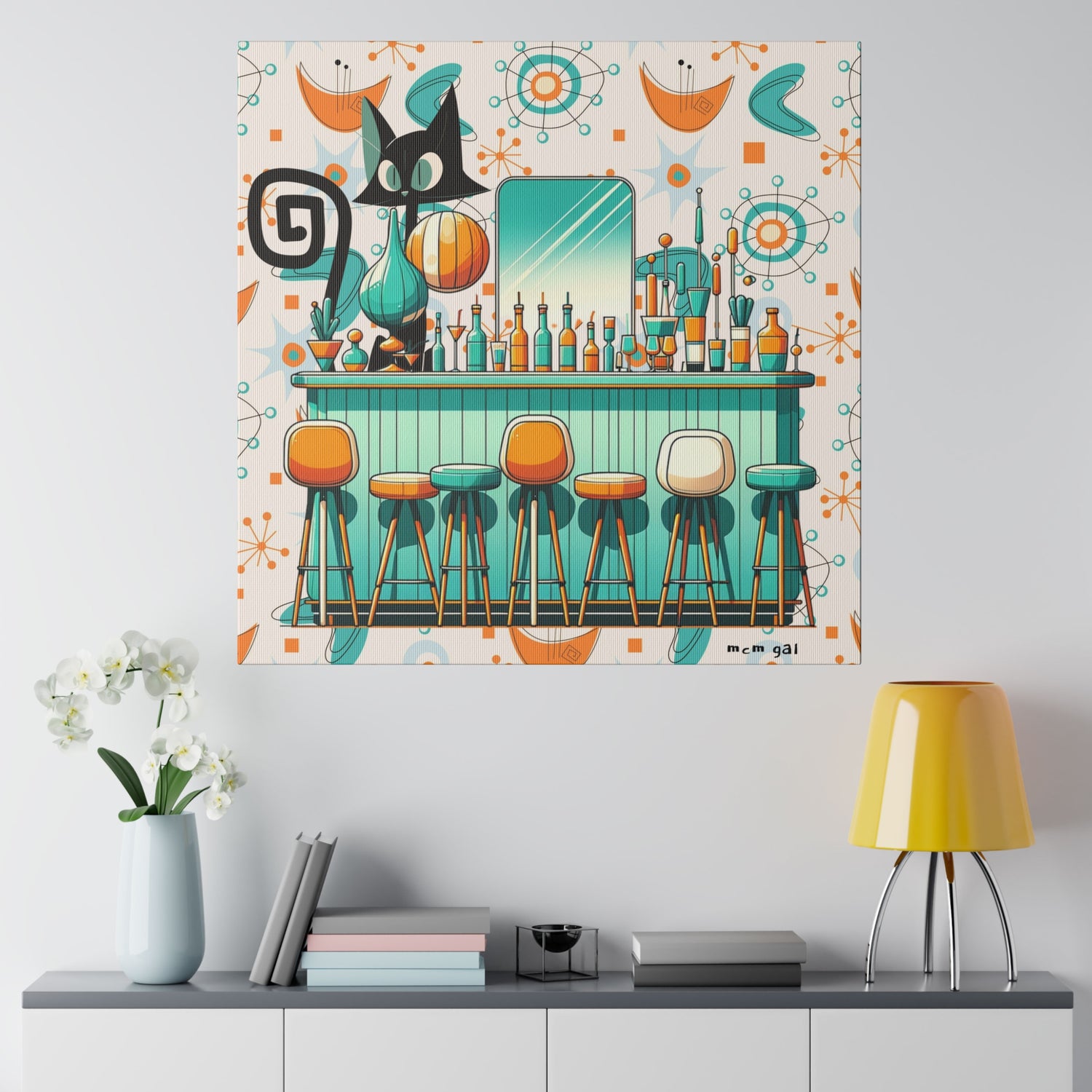Atomic Cat, Mid Century Modern Kitschy Bar, Orange, Teal Mid Century Modern Wall Art - Mid Century Modern Gal