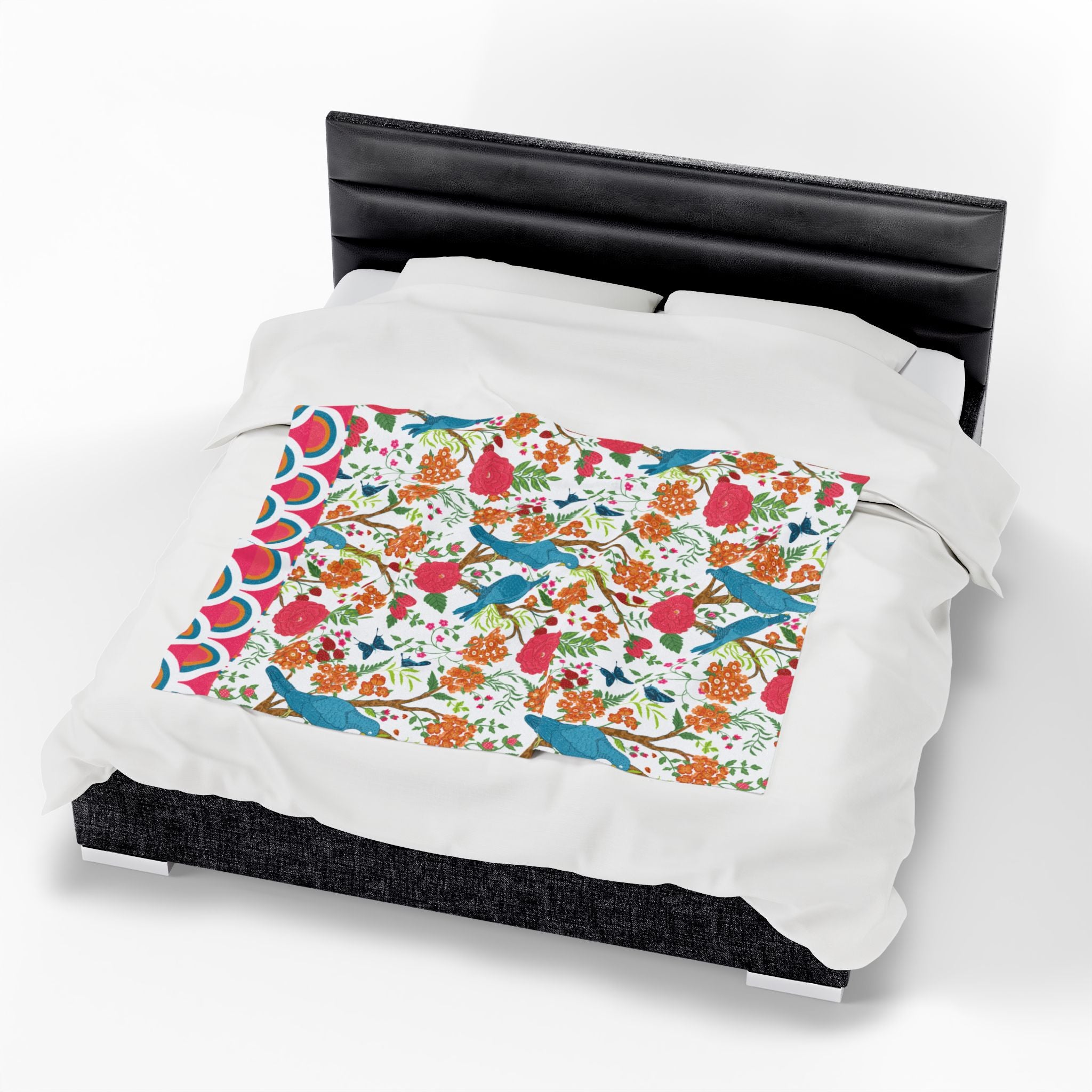 Chinoiserie Throw Blanket, Blue Pink, Birds Tropical Floral Velveteen Plush Blanket - Cozy Decor for Home - Mid Century Modern Gal