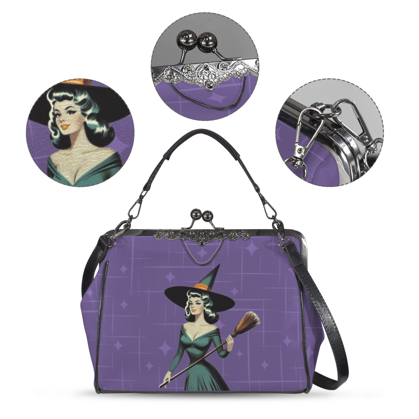 Mid Century Modern Vintage Pin Up Witch Purple Teal Halloween Kisslock Crossbody Purse - Mid Century Modern Gal