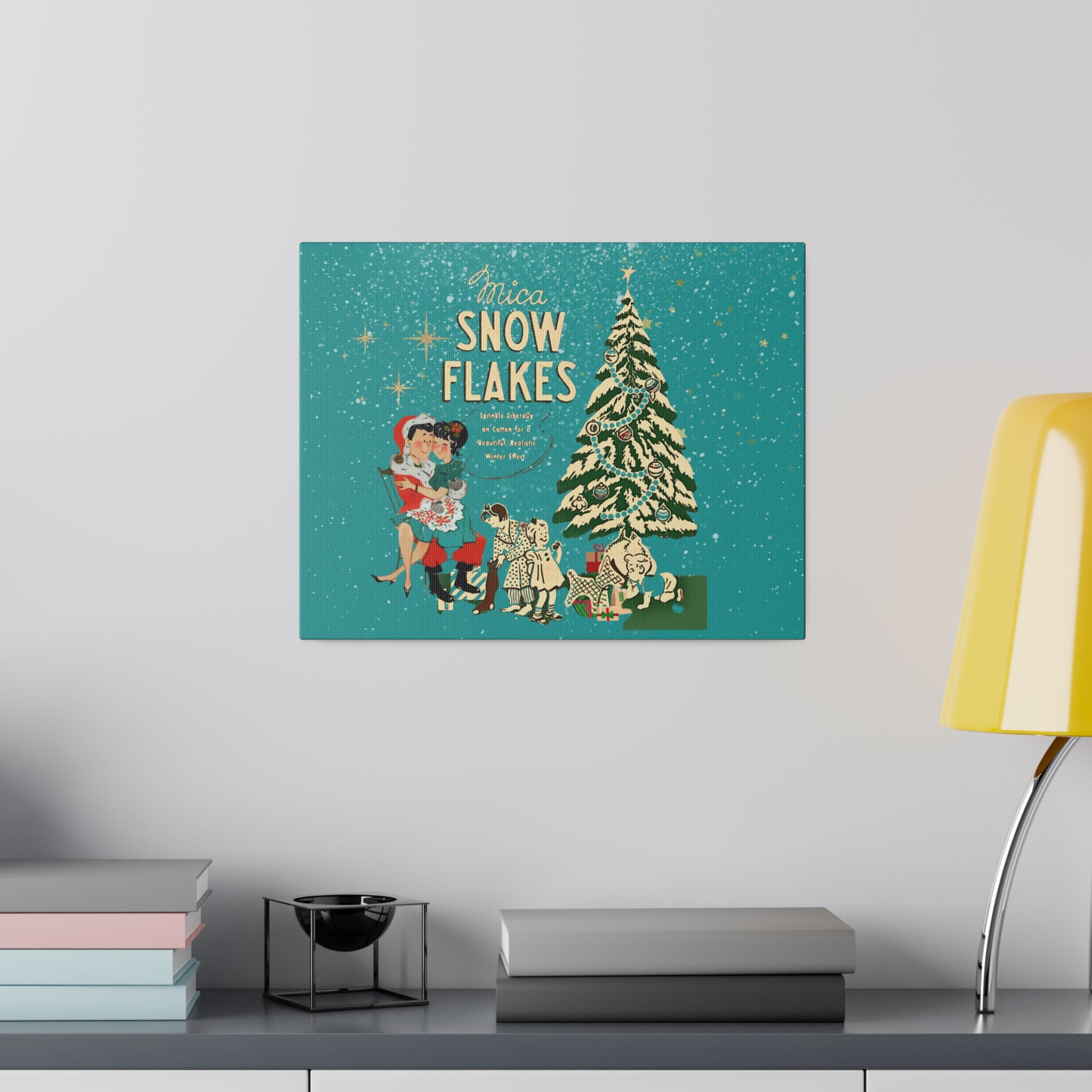 Mid Century Modern Kitschy Christmas Mantel Wall Art, Teal Blue, Mica Snow 50s Mod Couple Christmas Scene Canvas Art - Mid Century Modern Gal