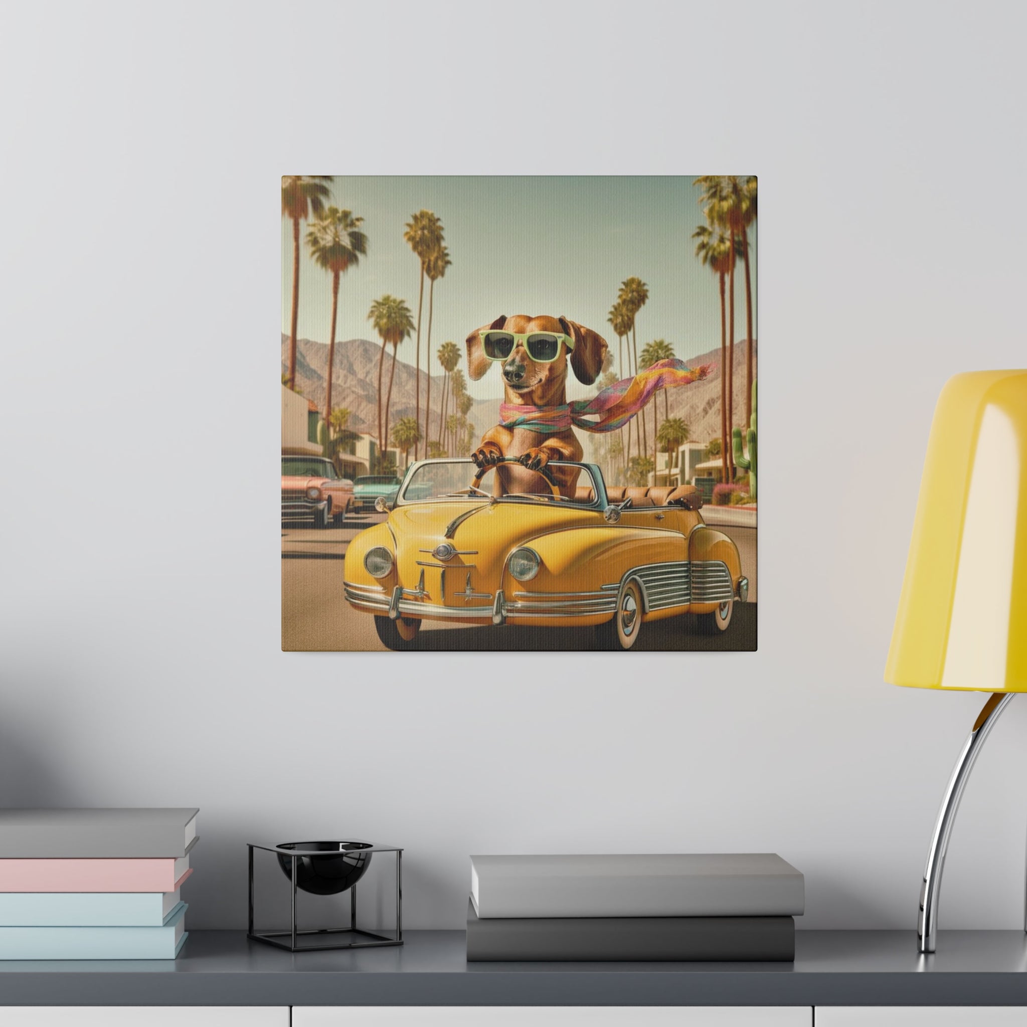 Funny Doxie Dachshund Palm Spring California Driving 50s Inspired Kitschy Wall Art - Mid Century Modern Gal