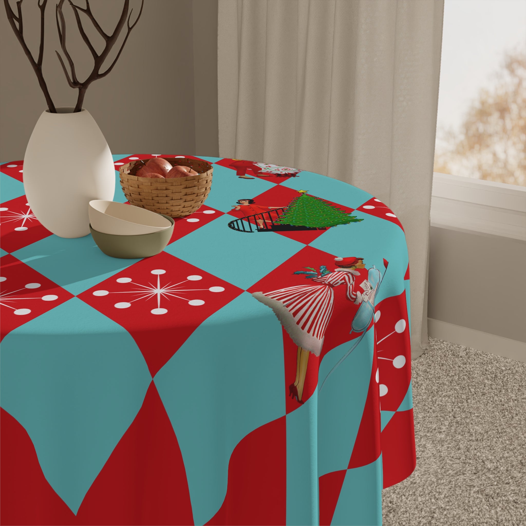 Christmas Tablecloth, Holiday Red, Aqua Harlequin Diamond 50s Gals Kitschy Christmas Table Decor - Mid Century Modern Gal