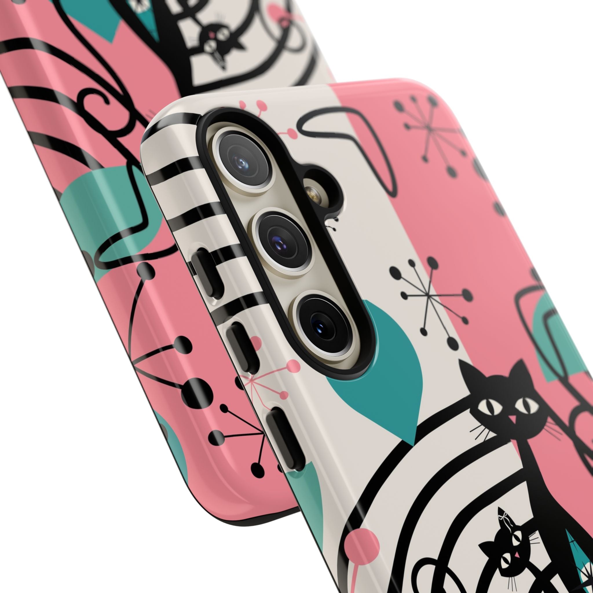 Mid Mod Atomic Cat Boomerang Starburst, Pink, Black Kitschy Stylish Cat Phone Case: Modern Design for Cat Lovers