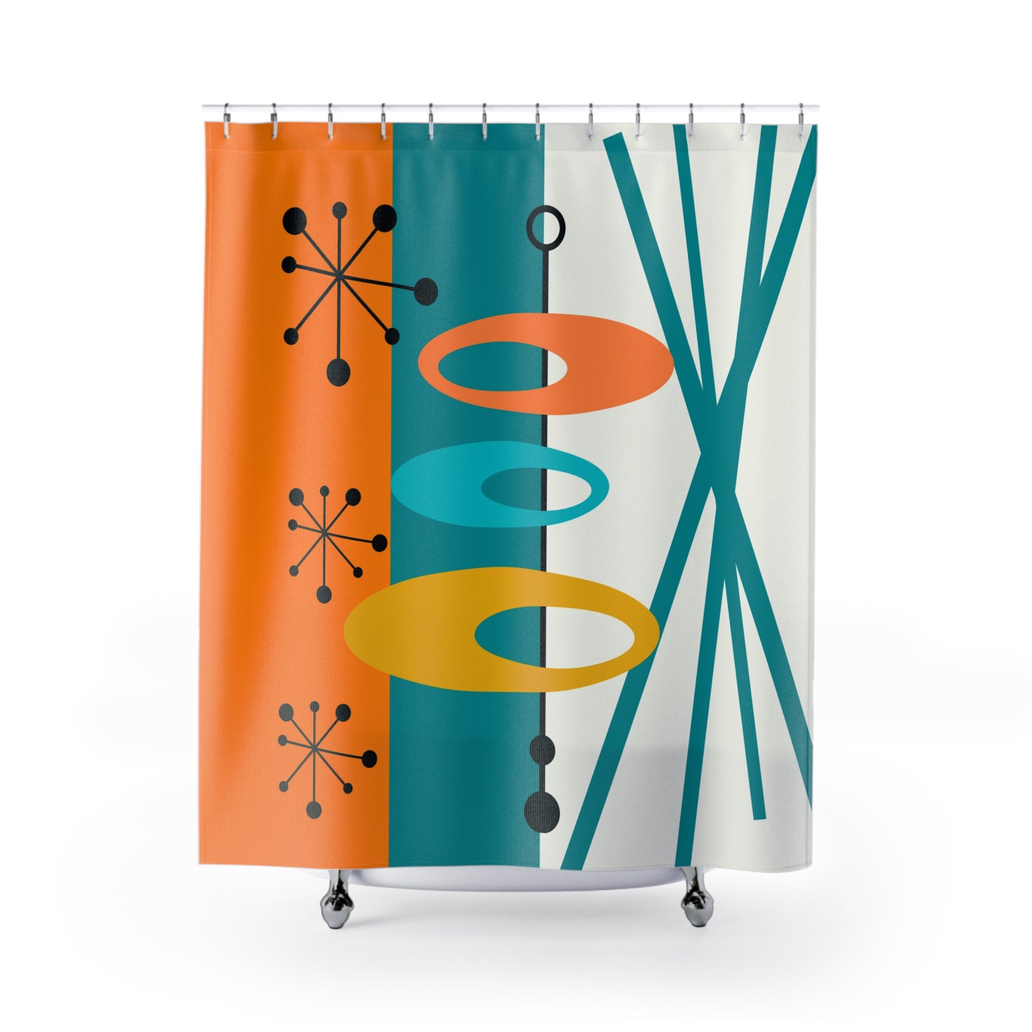 Mid-Century Modern Shower Curtain - Vibrant Orange, Teal Retro Design for Chic Bathrooms - Mid Century Modern Gal