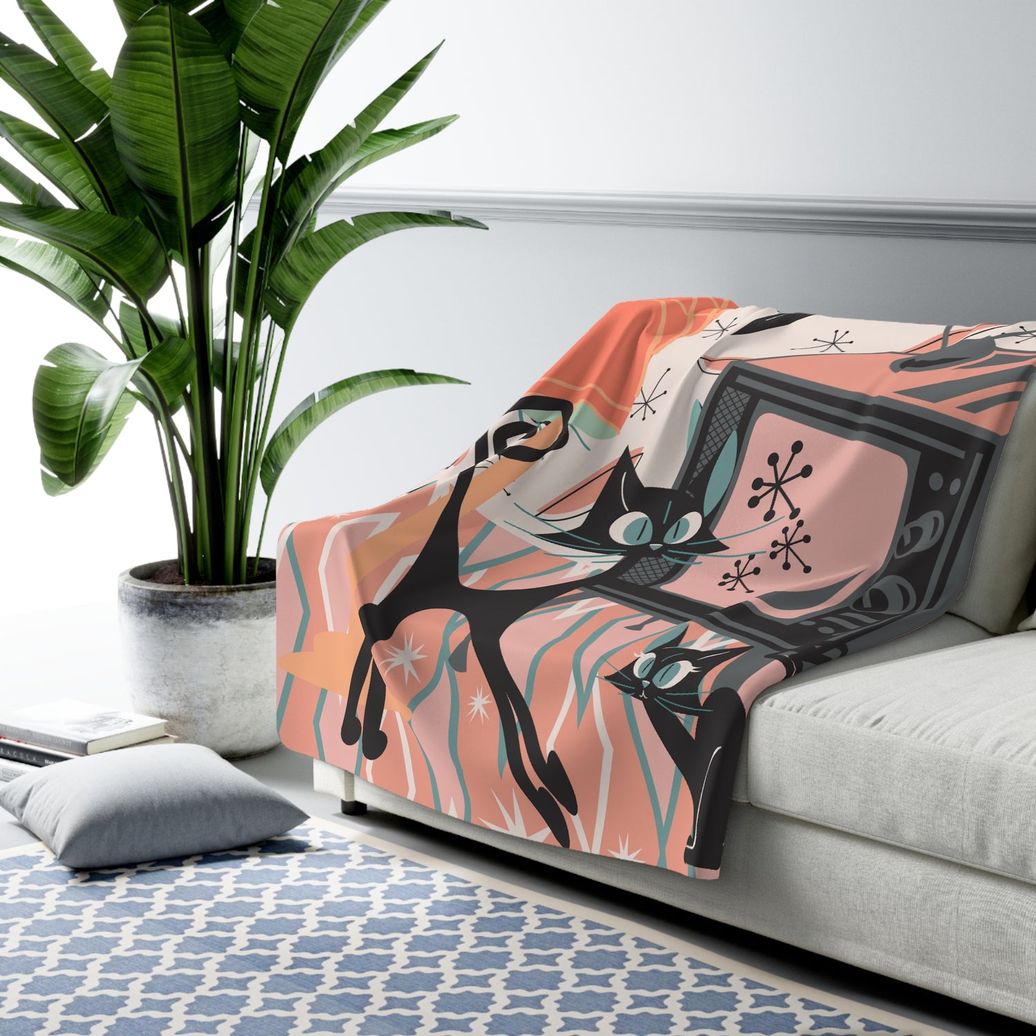 Atomic Cat Blanket, Mid Century Modern Diamond Pattern, Kitschy Cats, Whimsical Quirky  Cozy Cat Lover Blanket - Mid Century Modern Gal