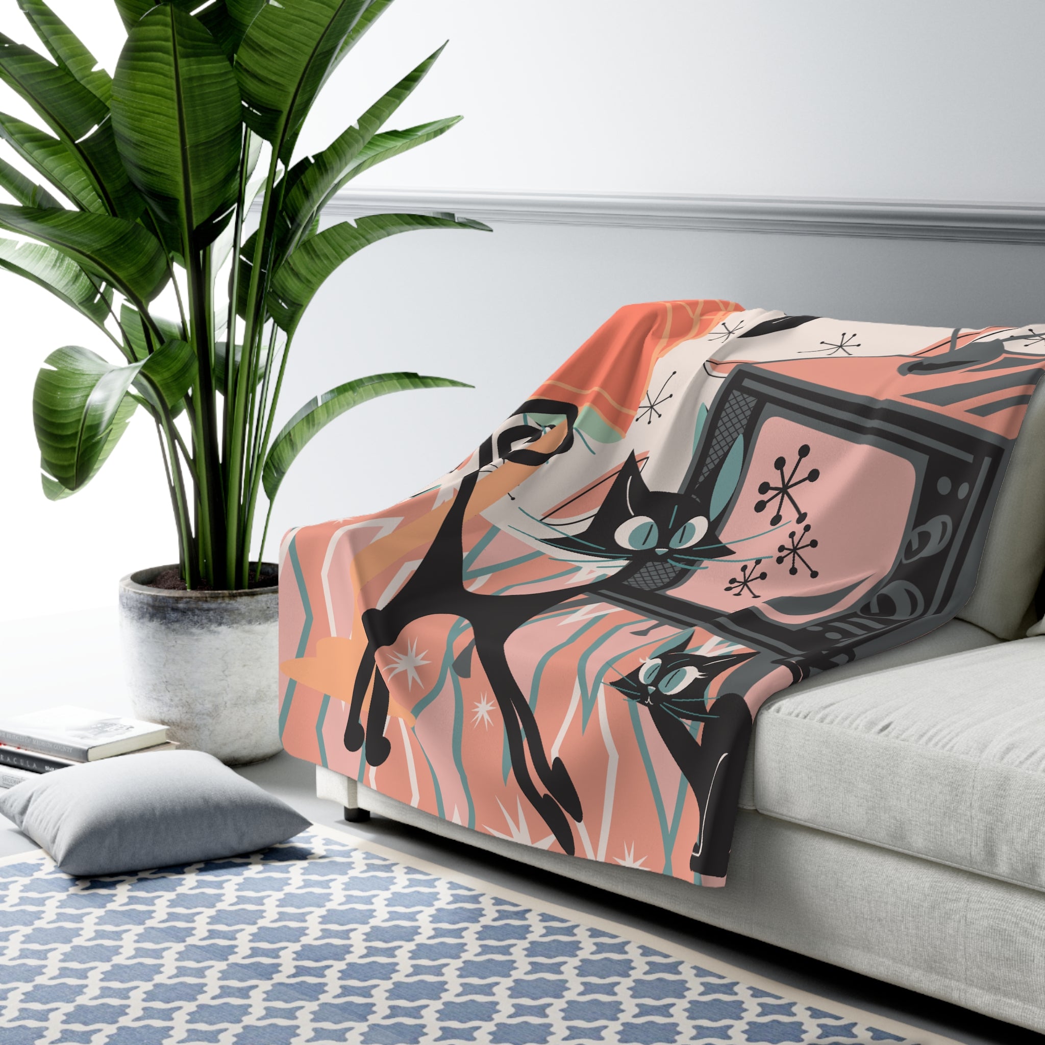 Atomic Cat Blanket, Mid Century Modern Diamond Pattern, Kitschy Cats, Whimsical Quirky Cozy Cat Lover Blanket - Mid Century Modern Gal