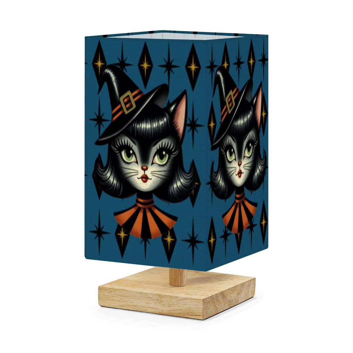 Vintage Halloween Black Cat Sexy Sexton Mid Century Modern Blue Square Table Lamp - Mid Century Modern Gal