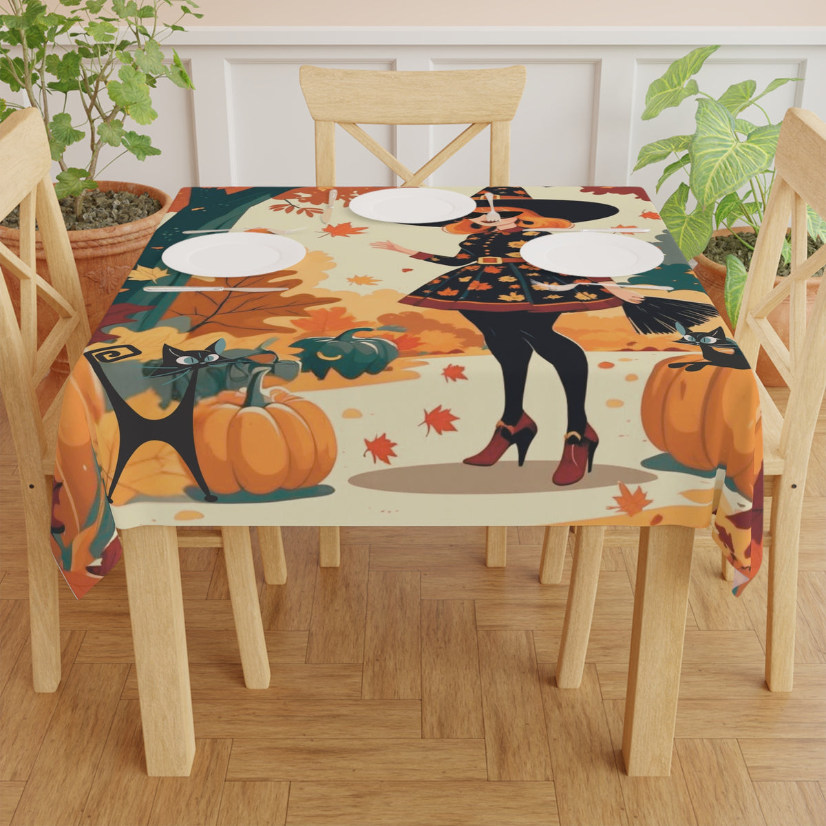 Mid Century Modern Fall Halloween Kitschy Witch Atomic Cat Tablecloth - Mid Century Modern Gal