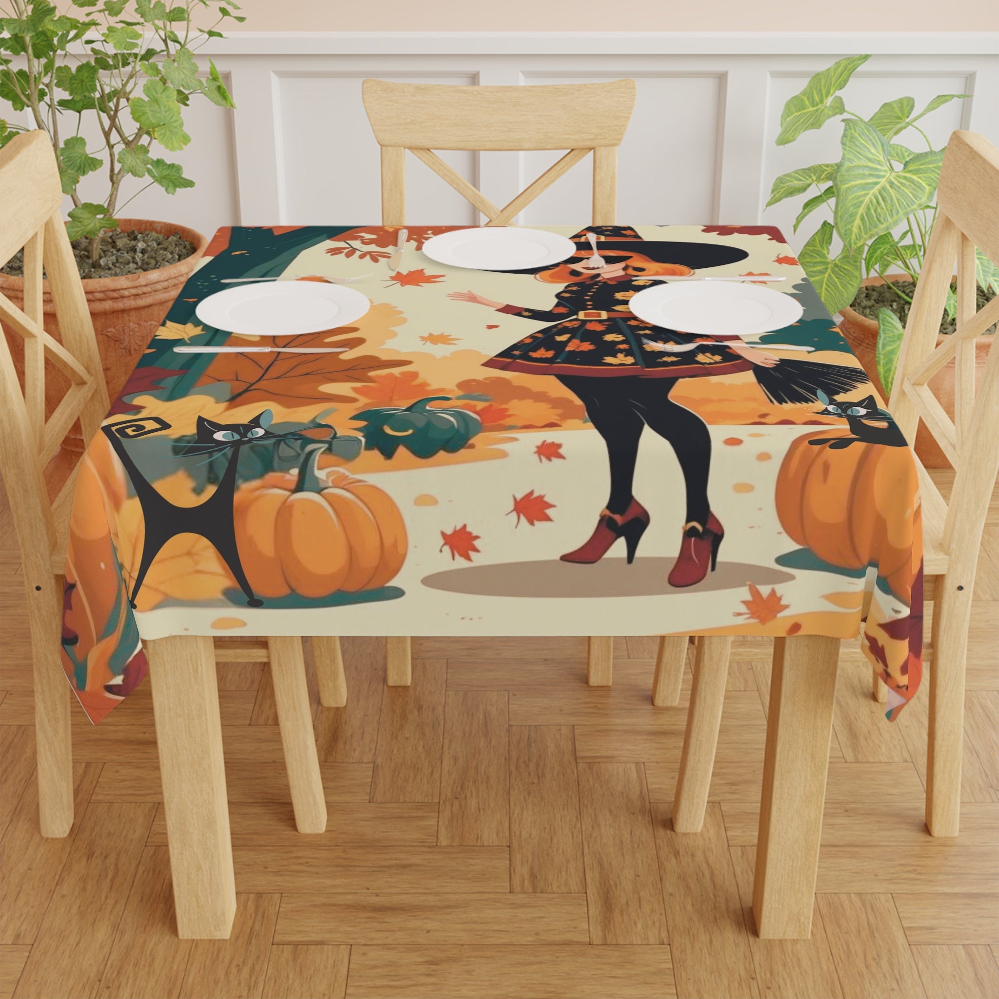 Mid Century Modern Fall Halloween Kitschy Witch Atomic Cat Tablecloth - Mid Century Modern Gal