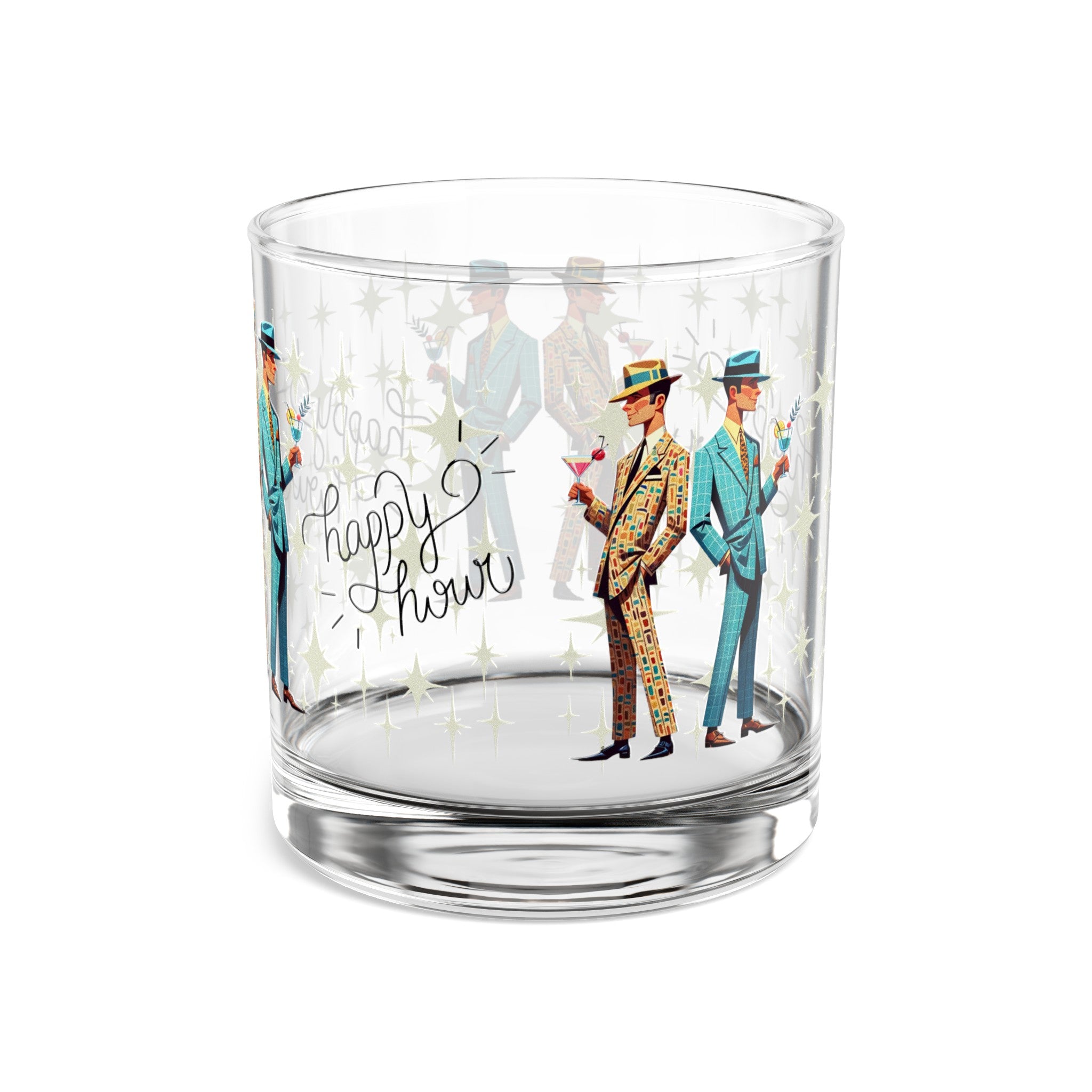 Mid Century Dapper Dudes, Gay Male Couple, Atomic Starburst Happy Hour Rock Glass, 10oz - Mid Century Modern Gal