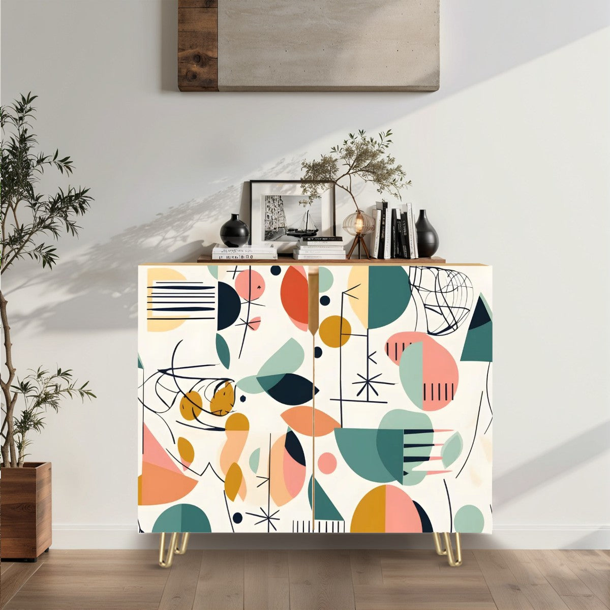 Mid Century Modern Wooden Storage Cabinet, Boho Abstract Geometric Design - Mid Century Modern Gal