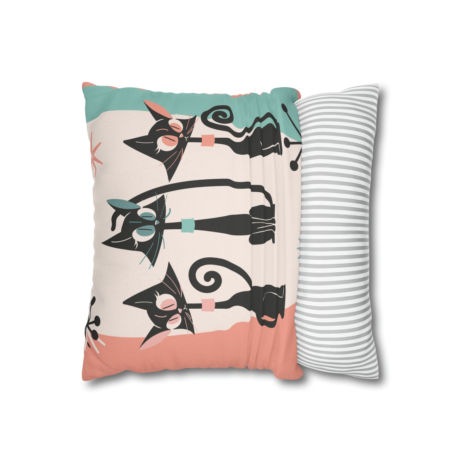 Atomic Cat Pillow, Kitschy 50s Mid Century Modern Style, Coral, Aqua, Creamy Beige, Retro MCM Atomic Home Living Pillow COVER - Mid Century Modern Gal