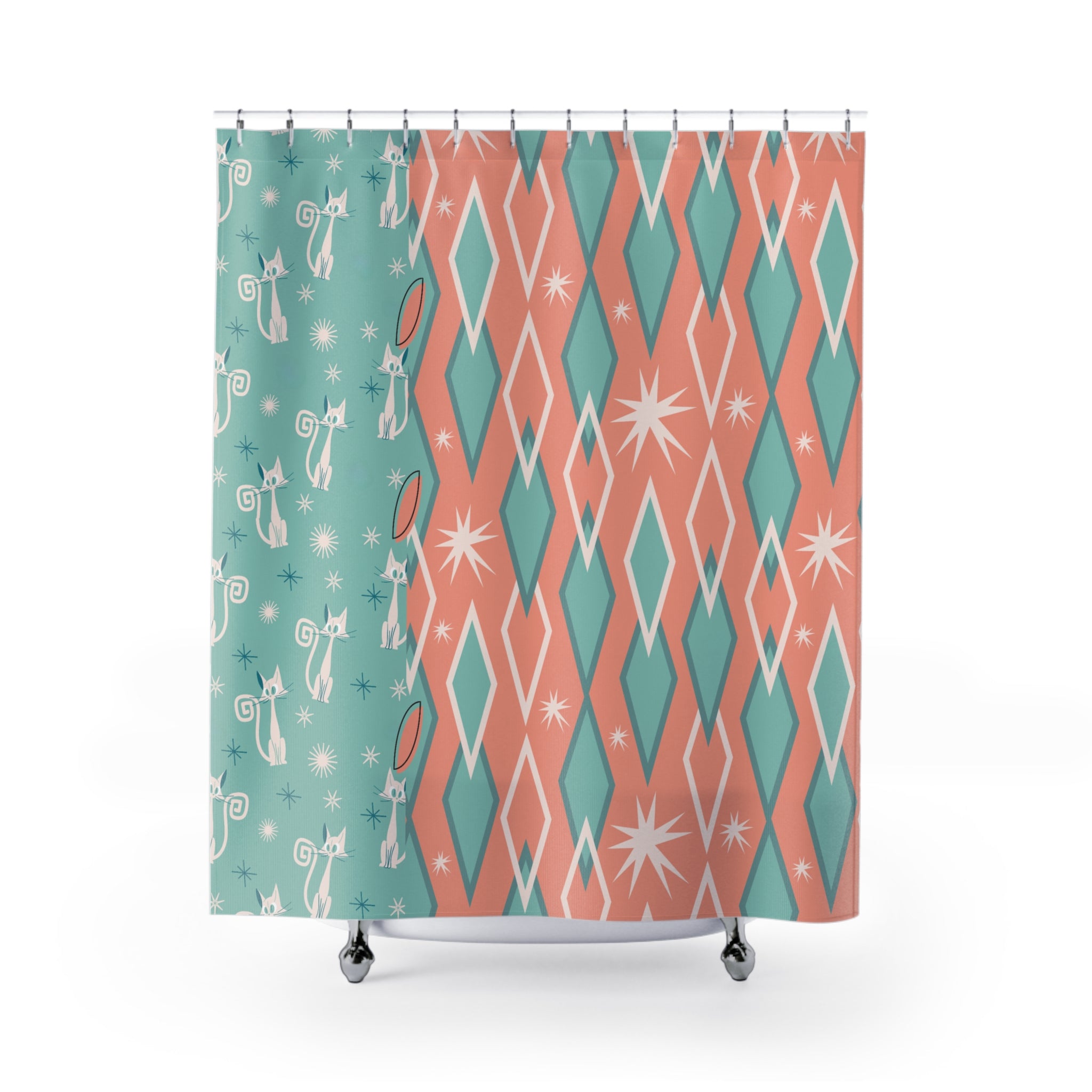Atomic Cat, White Kitties, Aqua, Coral Pink, Harlequin Diamond, Patchwork, Mid Century Modern Shower Curtain - Mid Century Modern Gal