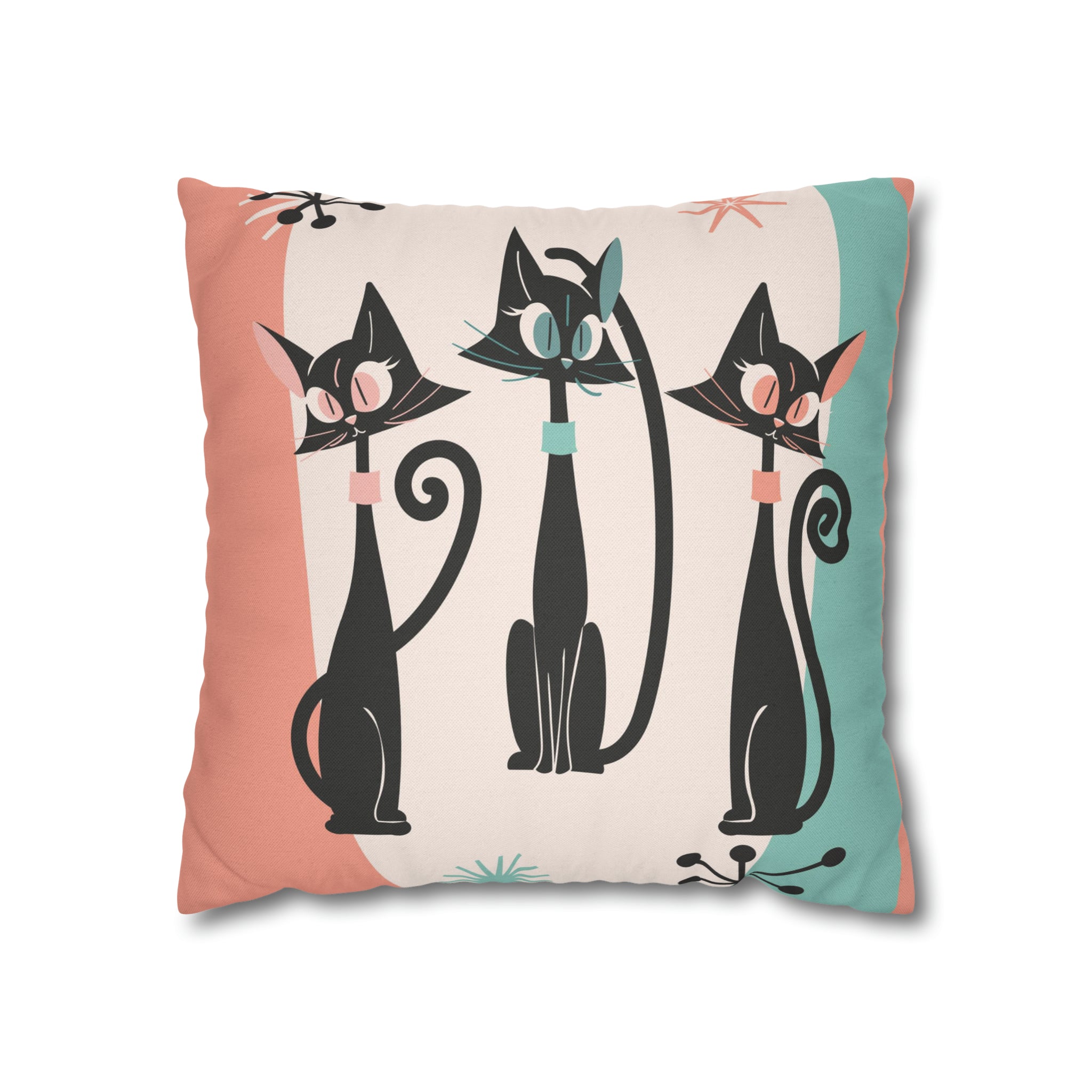Atomic Cat Pillow, Kitschy 50s Mid Century Modern Style, Coral, Aqua, Creamy Beige, Retro MCM Atomic Home Living Pillow COVER - Mid Century Modern Gal