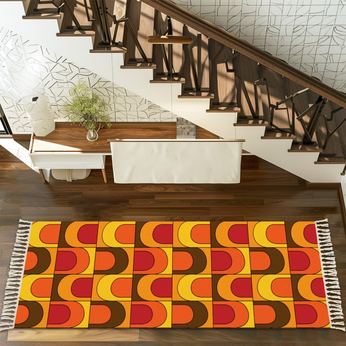 Mid Century Modern Groovy 70s Wave Brown Orange Yellow Rug Runner With Tassels - Mid Century Modern Gal