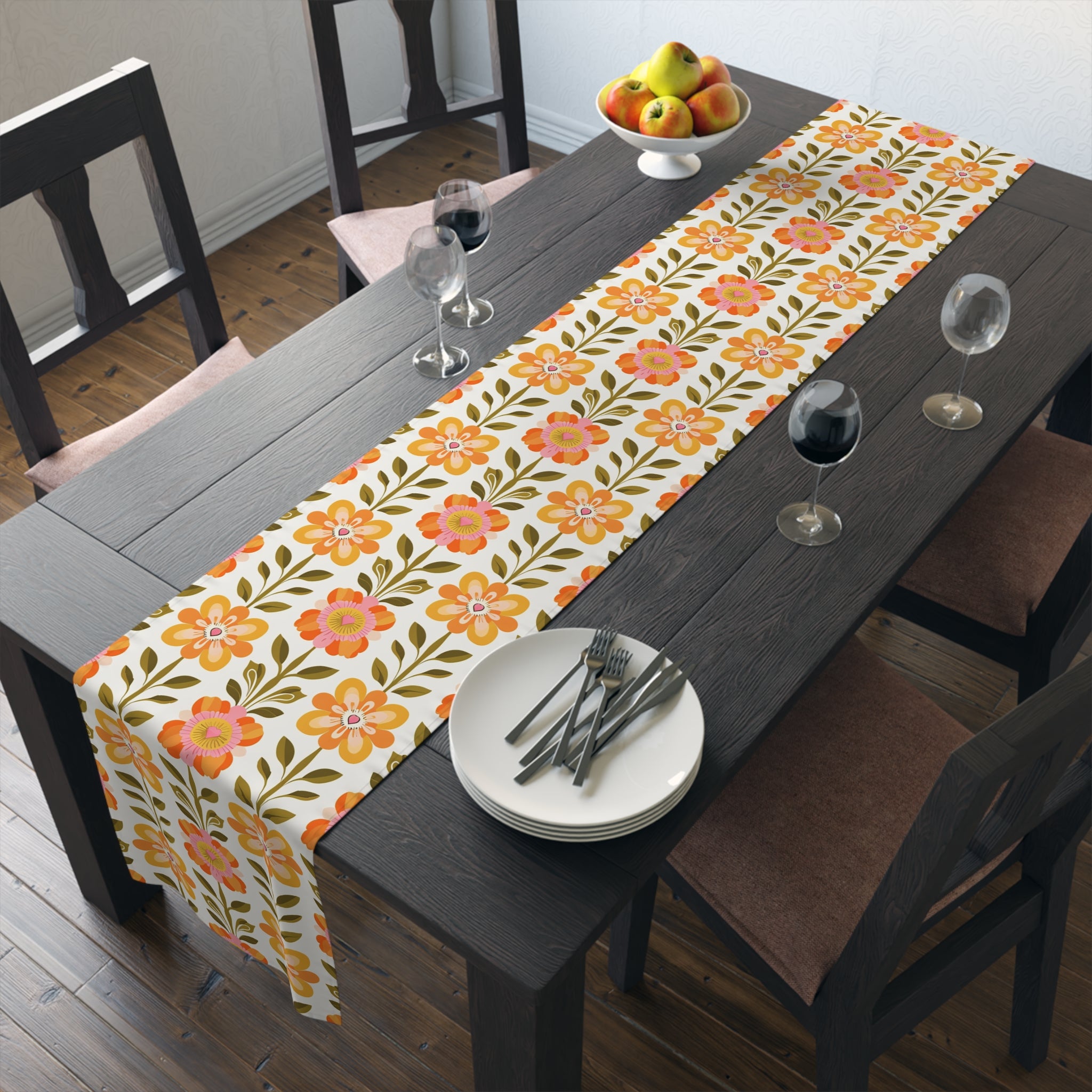 Mid Century Modern Scandinavian Floral Orange Yellow Green Boho Floral Table Runner - Mid Century Modern Gal